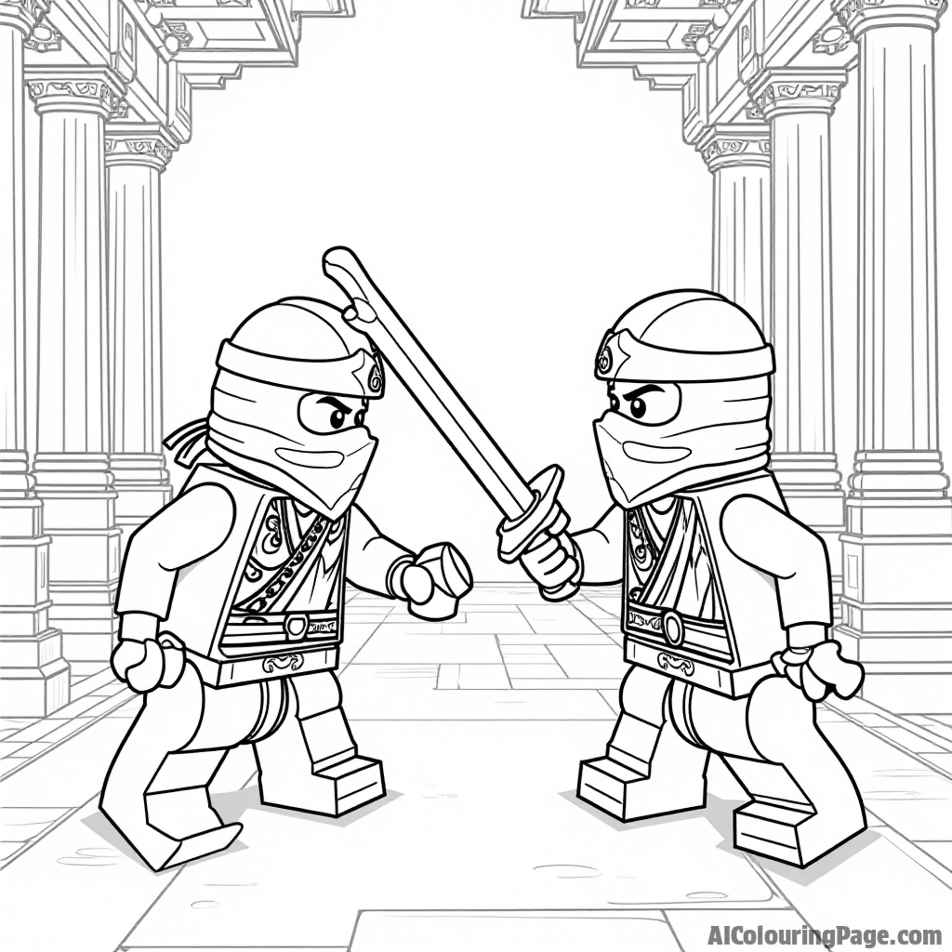 A Lego Ninjago scene featuring a battle between two ninjas, with swords drawn, amidst an ancient temple setting, embellished with intricate designs for an engaging coloring page for children.