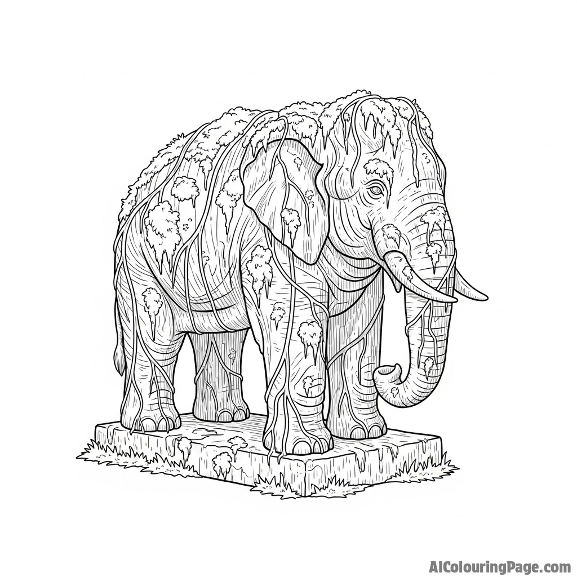 A stone statue of an elephant, covered in moss and vines, being reclaimed by nature.