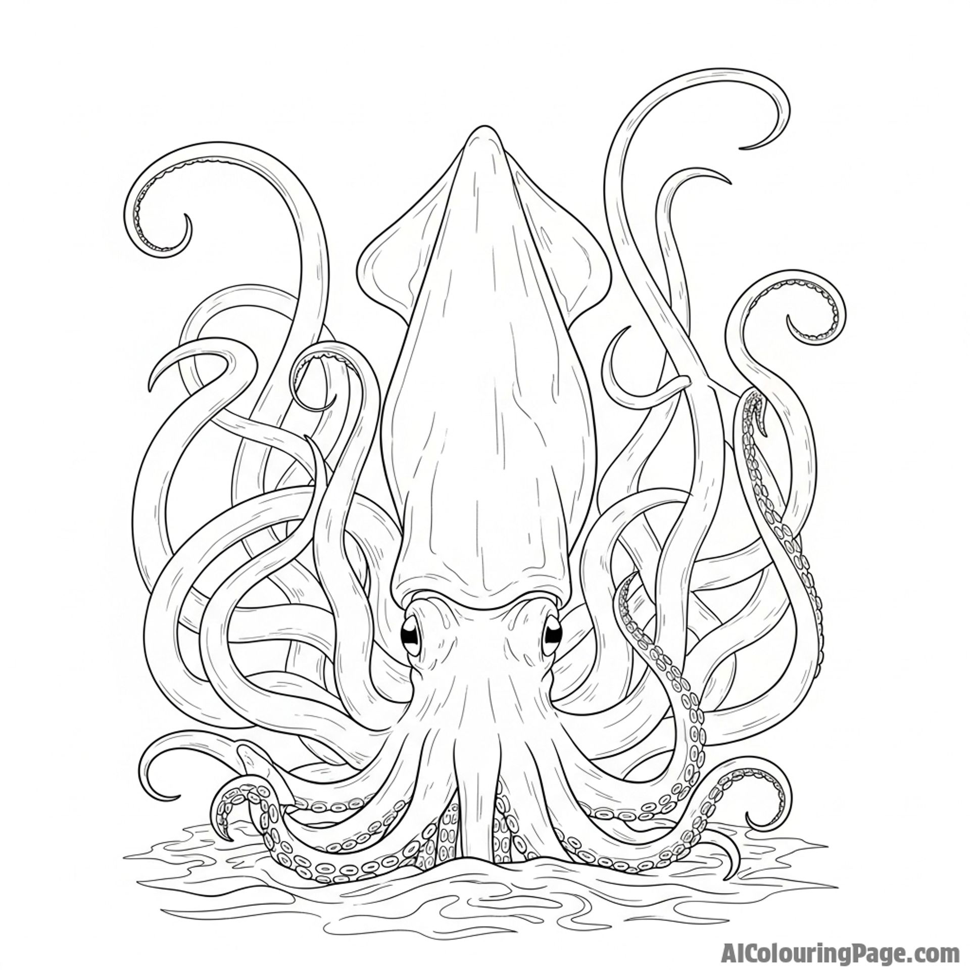 A giant squid emerging from the abyssal depths, its tentacles unfurling