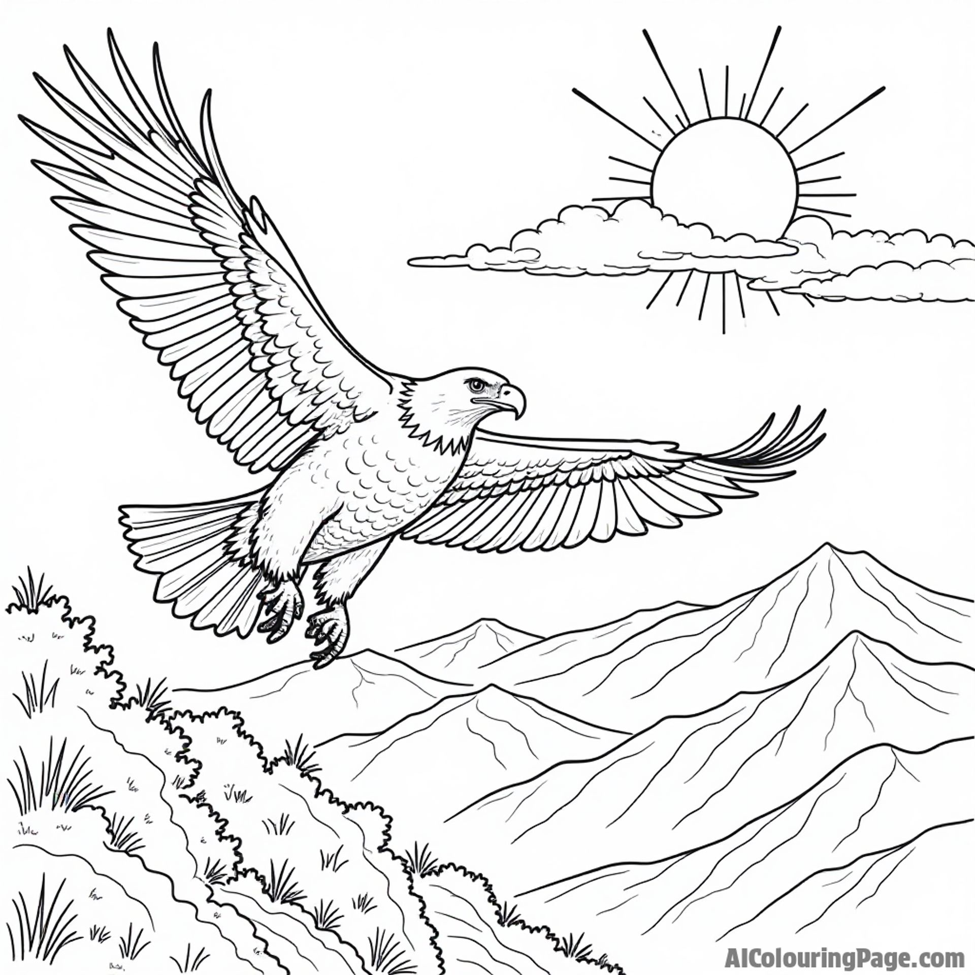 A majestic bald eagle soaring above the Blue Ridge Mountains, with fluffy clouds and a vibrant sun for coloring excitement.