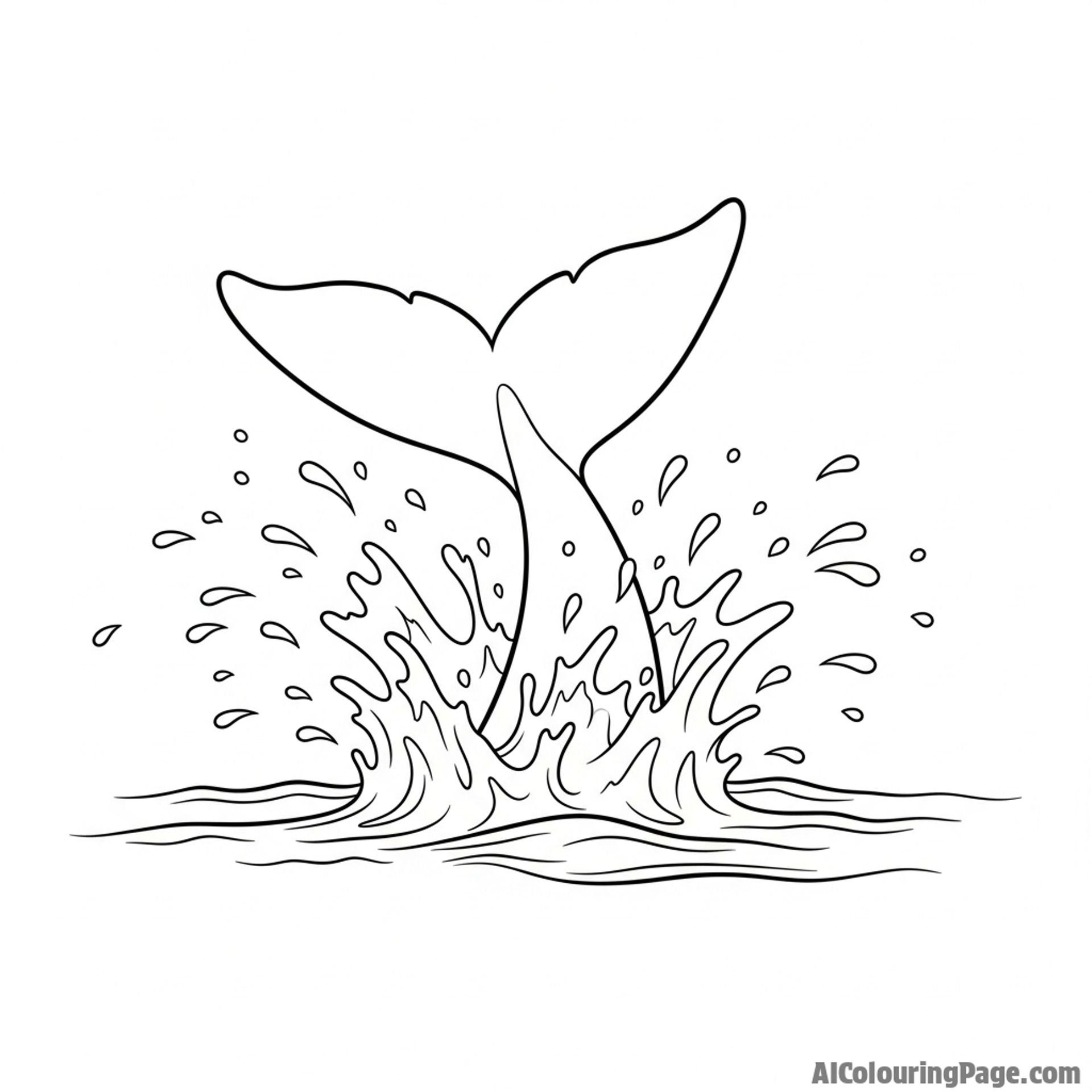 A dolphin’s powerful tail fluke splashing the water surface into a spray of droplets.