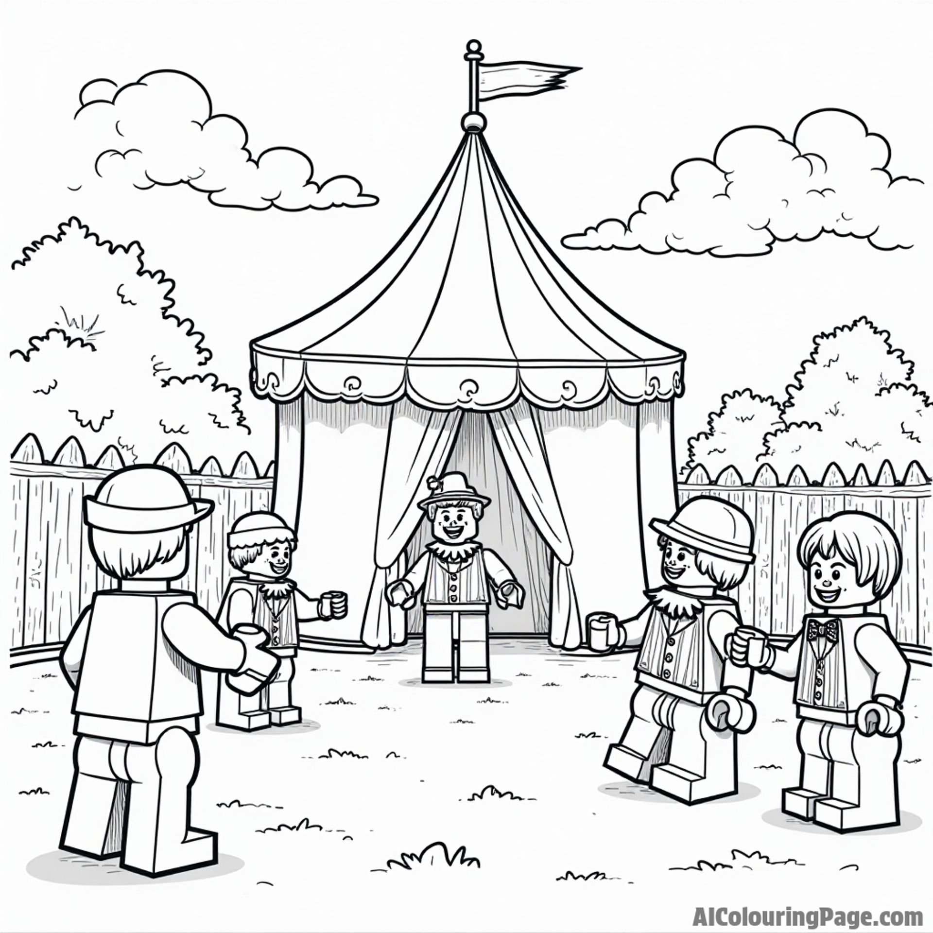 A LEGO circus with a big top tent, clowns performing tricks, and animals in costumes entertaining the crowd.