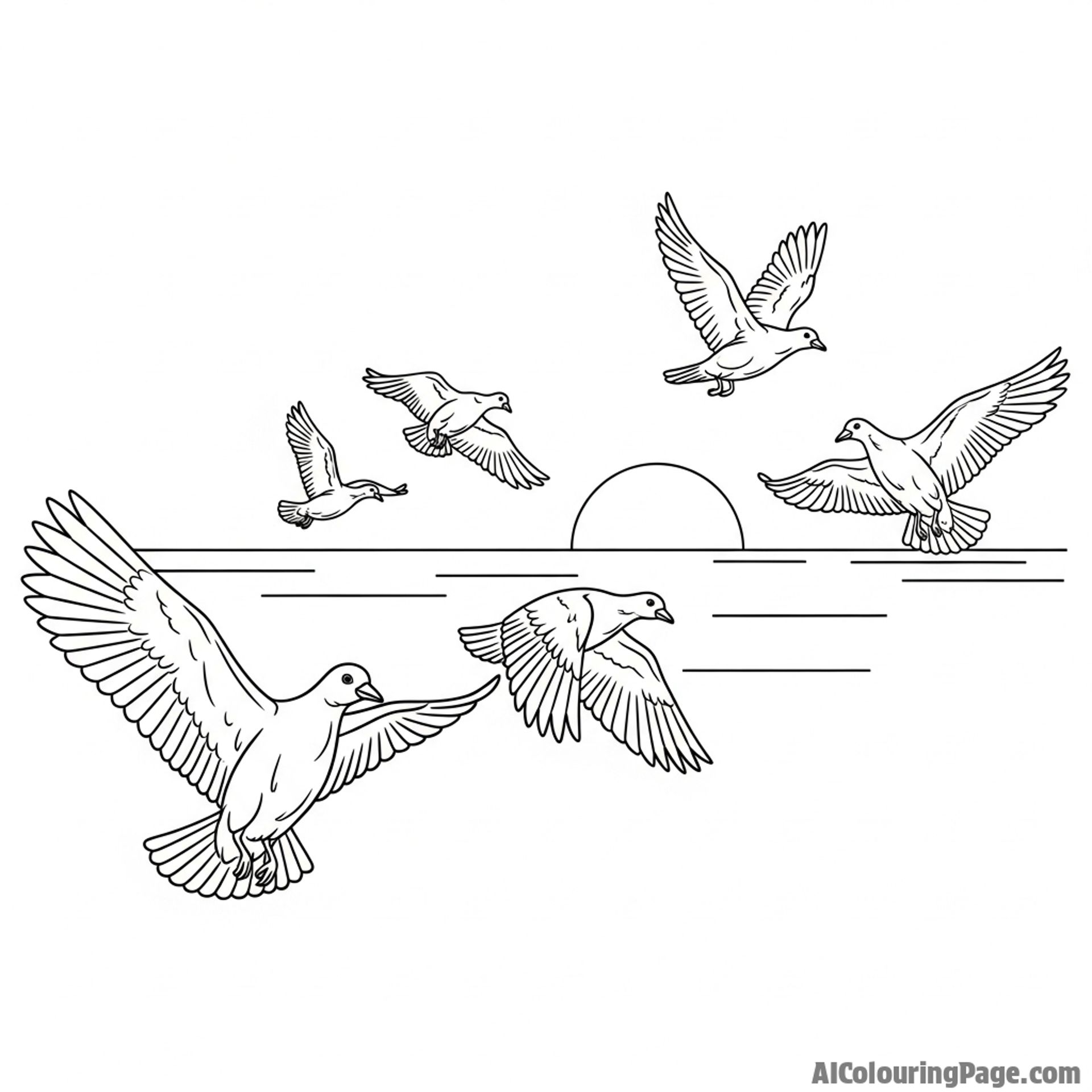A flock of birds flying towards the setting sun.