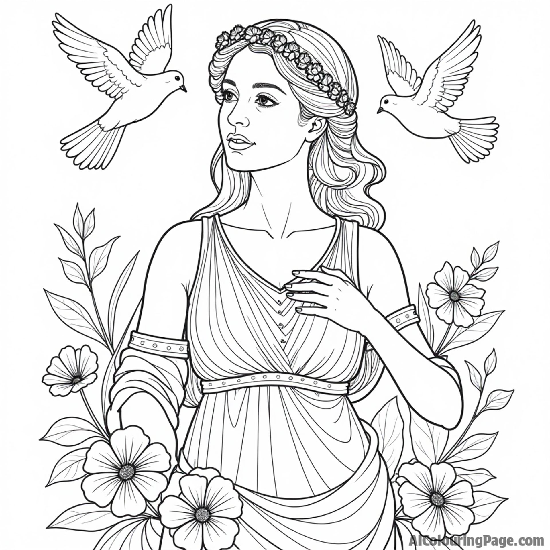 A depiction of the Roman goddess Venus, surrounded by flowers and doves, emphasizing beauty and love, creating an enchanting coloring page for kids to enjoy.