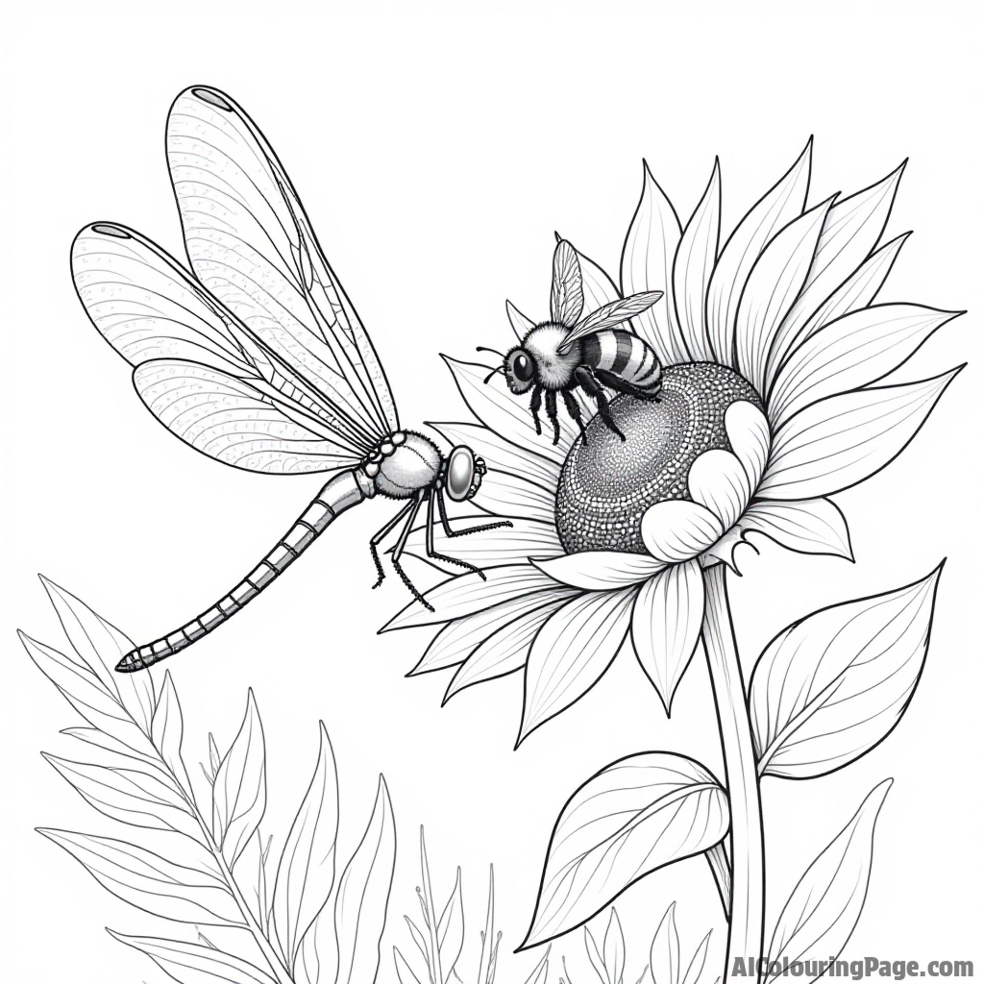 A dragonfly and a bumblebee sharing a moment on a sunflower in a sunny garden buzzing with activity.