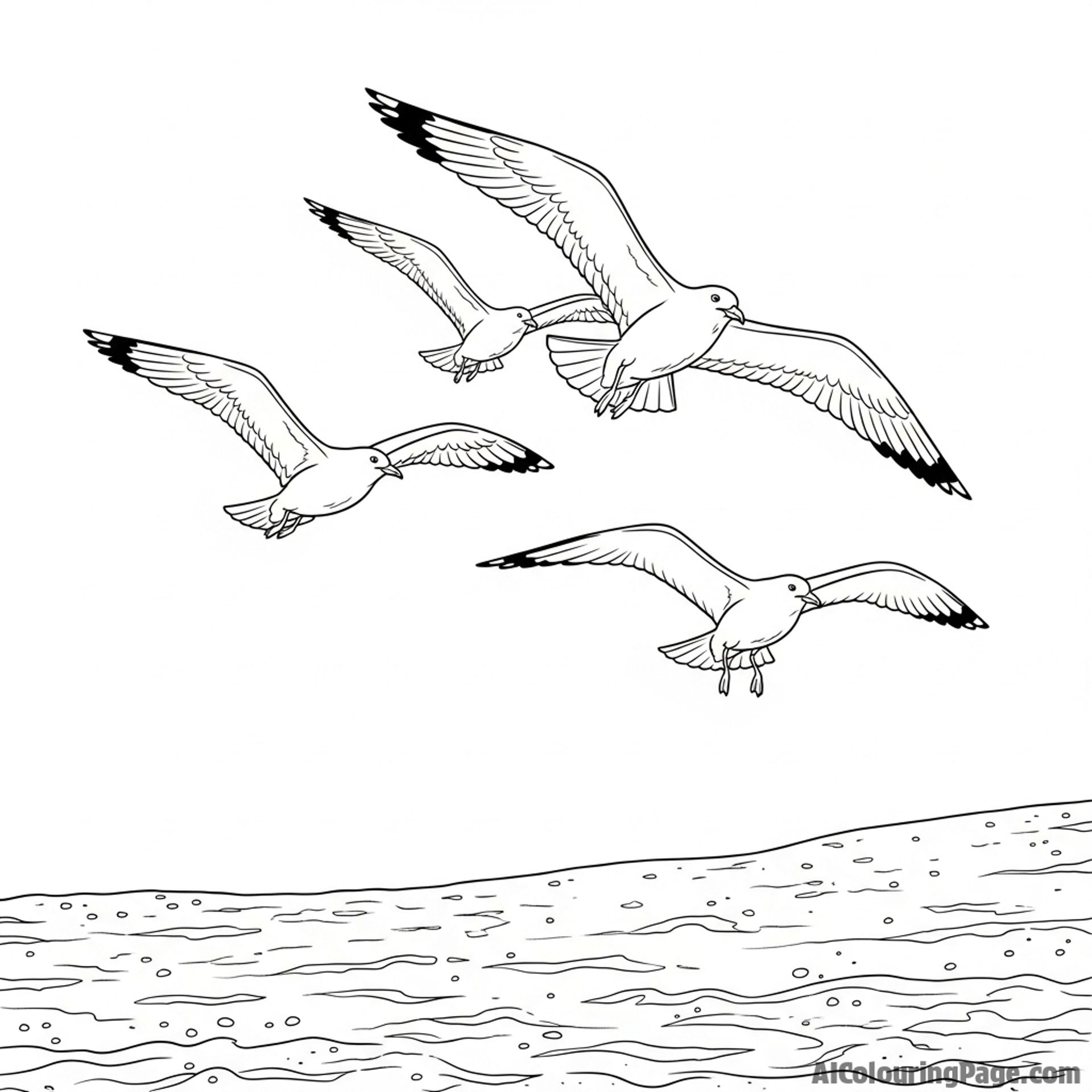 Seagulls soaring above a sandy beach.