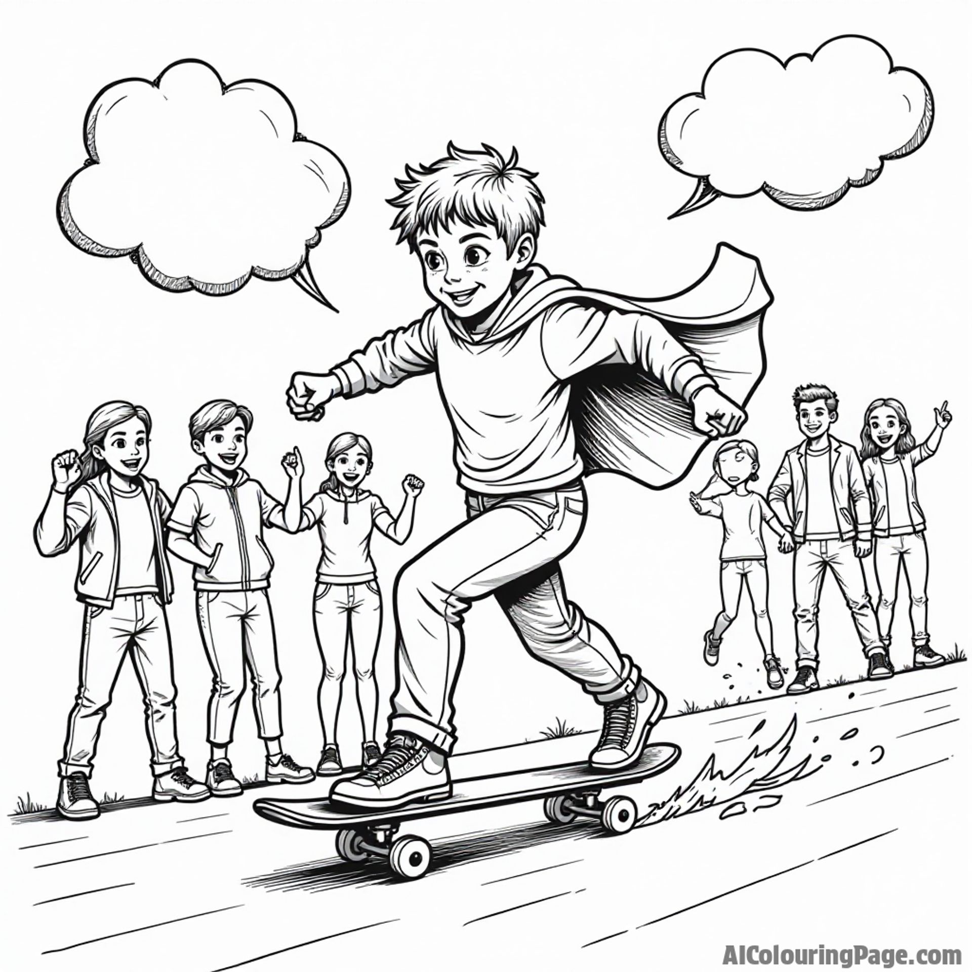 A skateboarder in a superhero cape zooming past a group of cheering friends, with comic-style speech bubbles, designed to encourage fun and creativity in a black and white format.