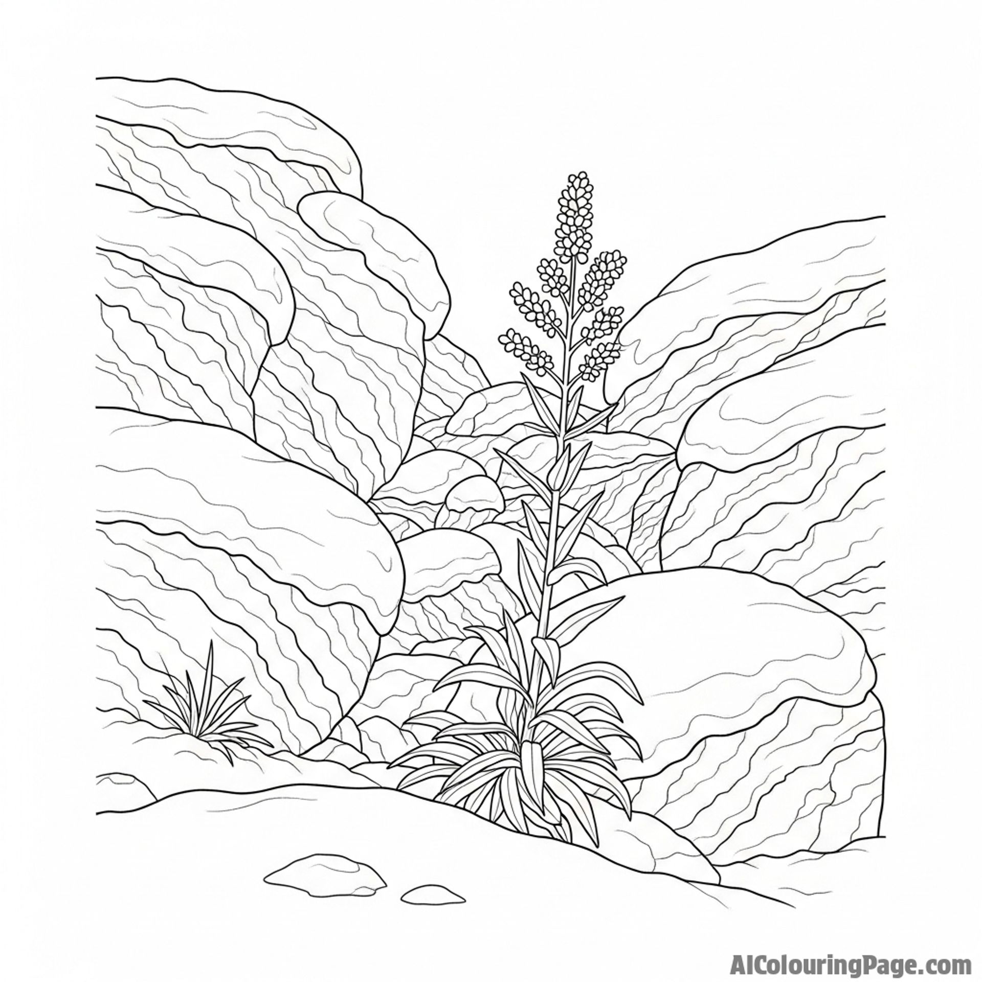 Snow-covered boulders with a single hardy plant