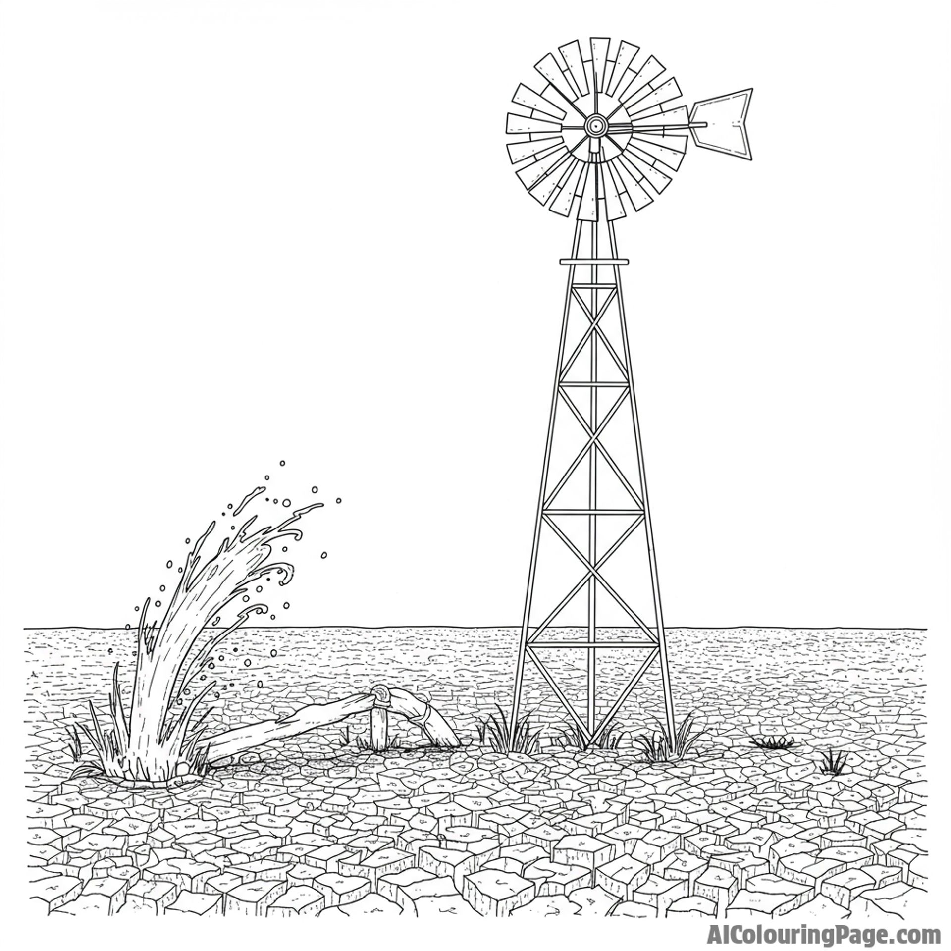 Windmill pumping water in a drought-affected area.