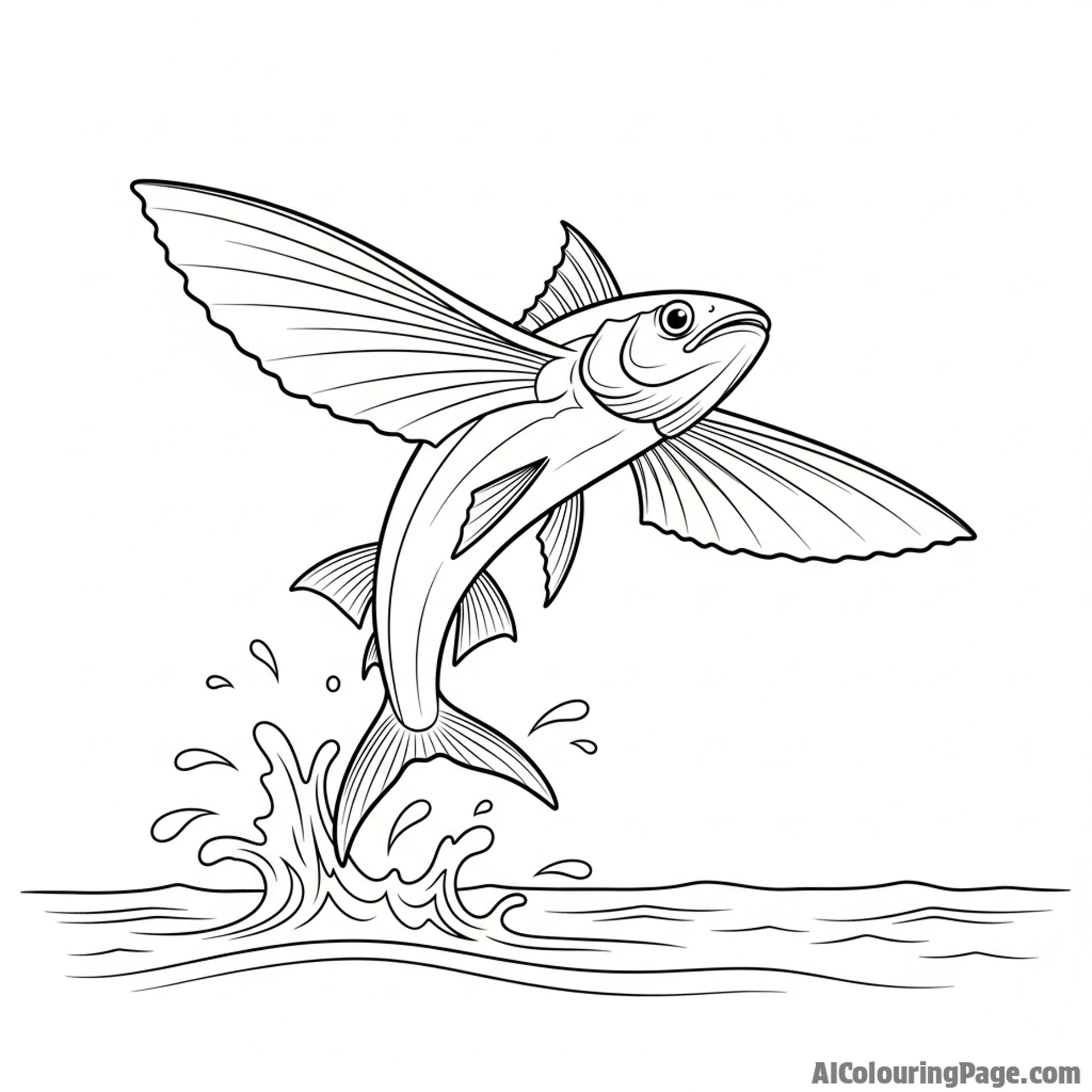 A flying fish leaping from the water, its fins spread like wings against the sky.