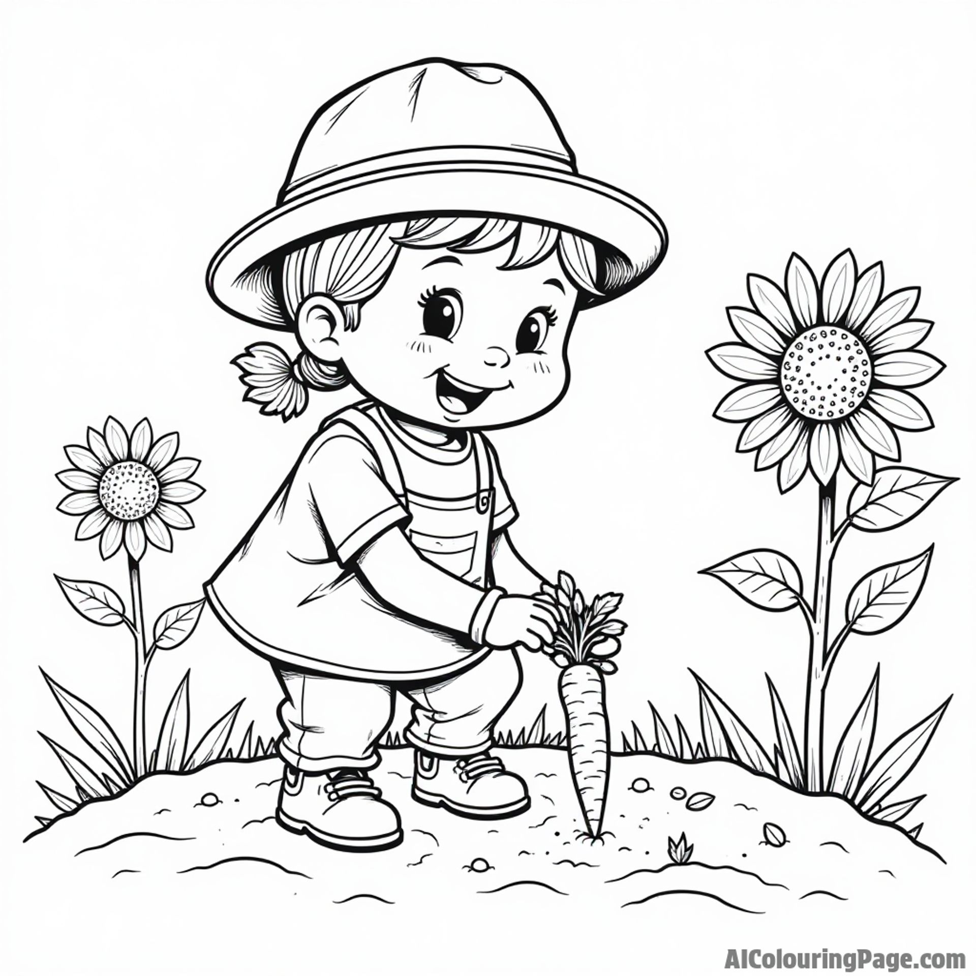 A friendly carrot gardener planting seeds in a garden, with tiny sprouts emerging from the ground and sunflowers blooming.