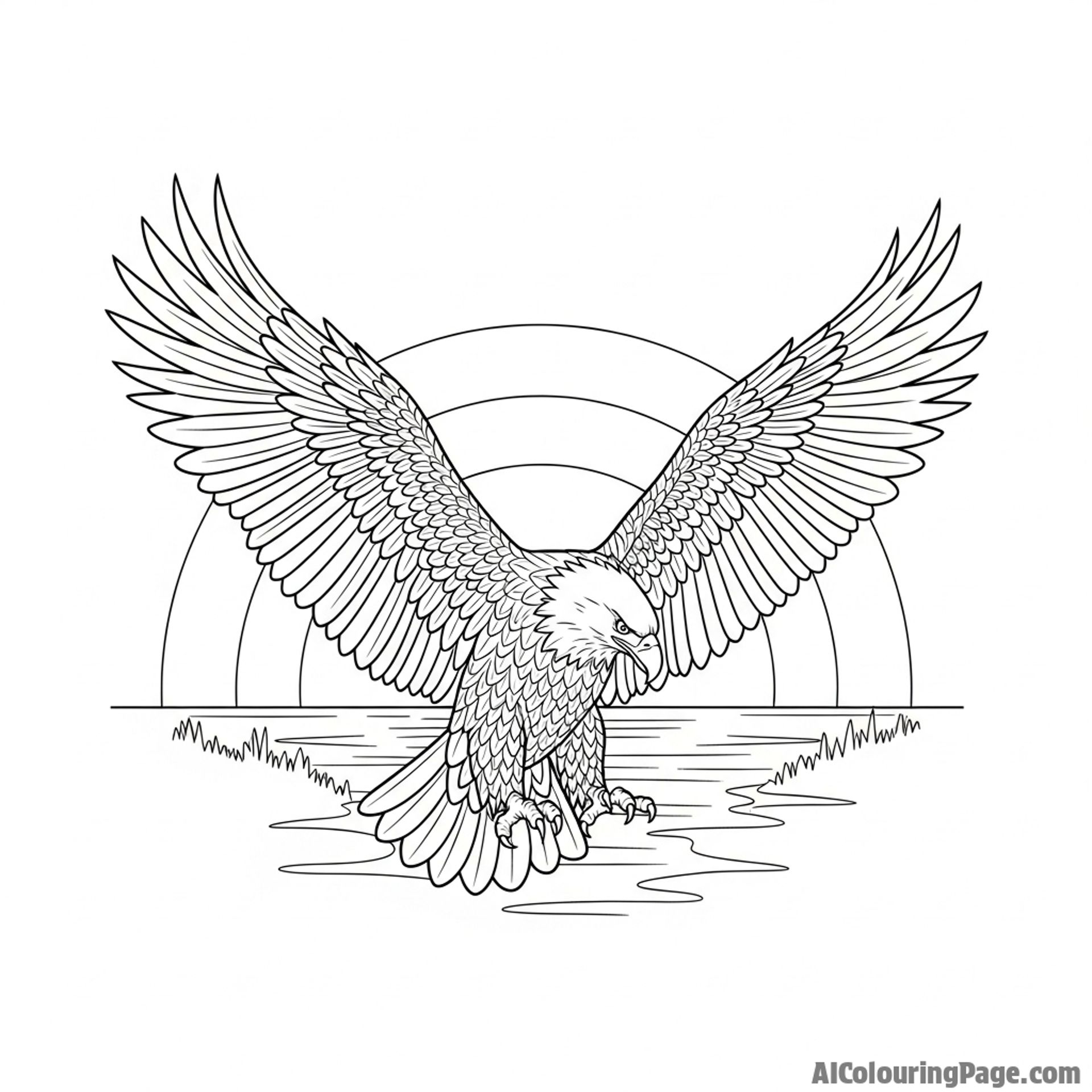Eagle silhouette against a sunset, wings fully spread.