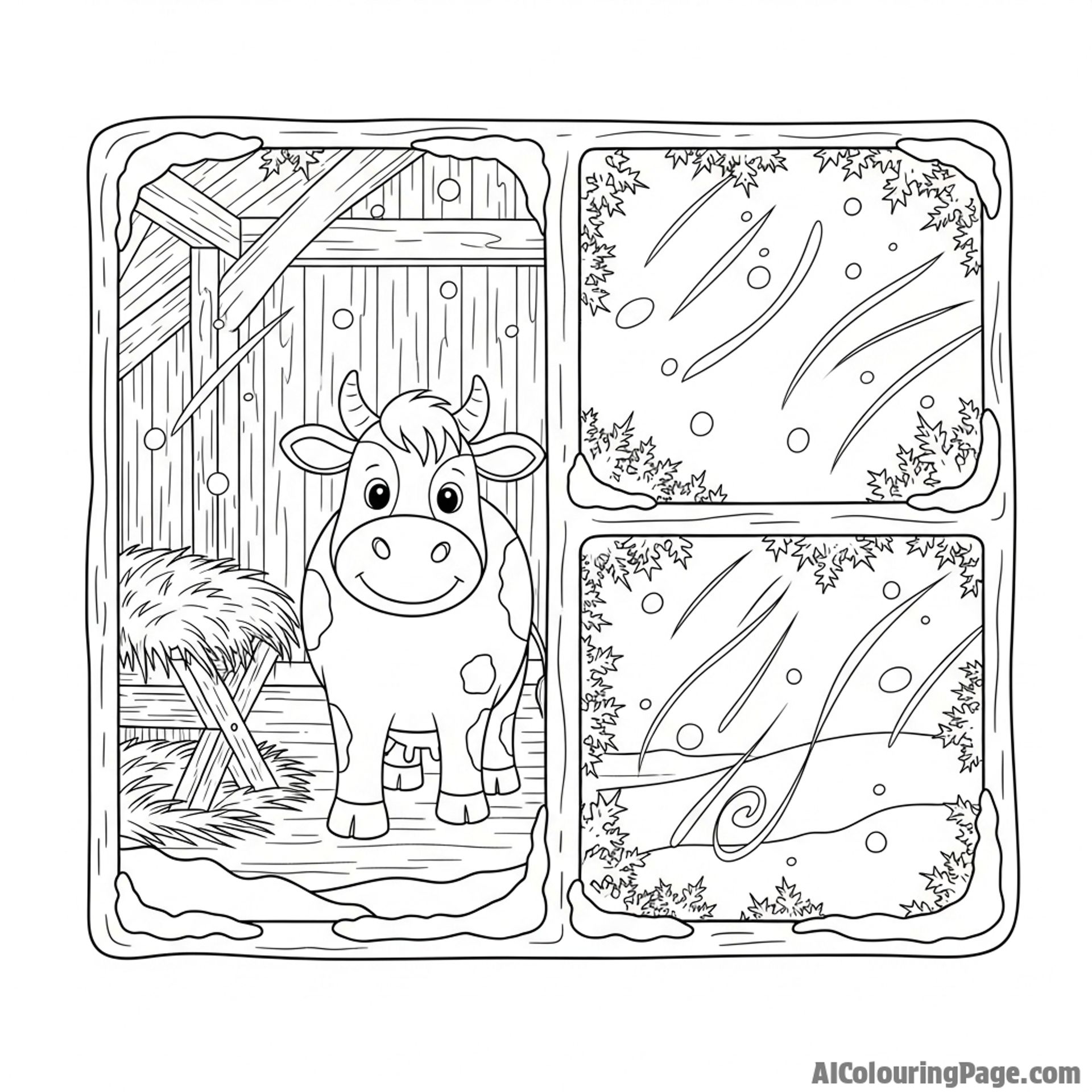 A cow inside a cozy stable during a blizzard, seen through a frosted window pane.