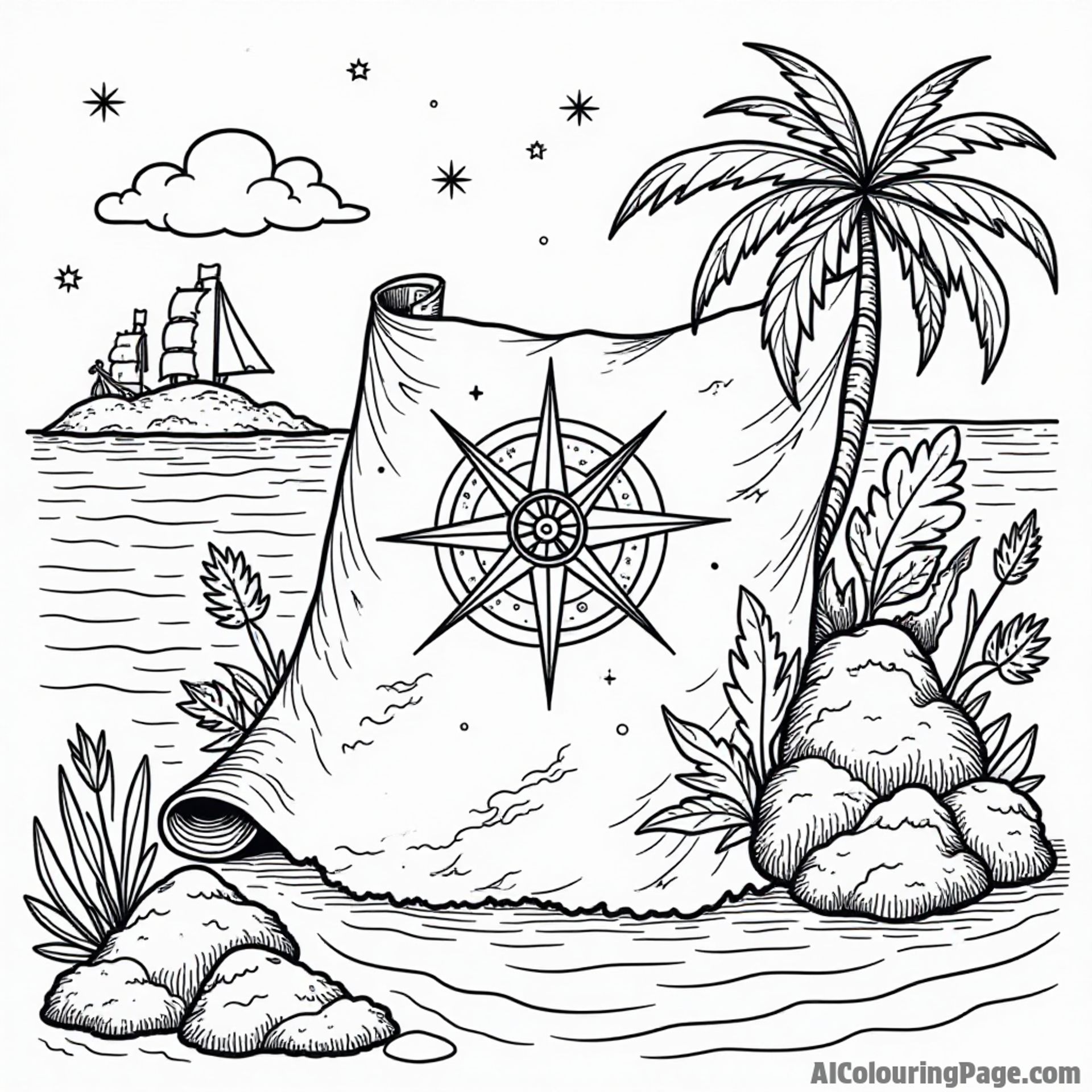 A treasure map with a compass and magical symbols, set against a backdrop of a mysterious island.