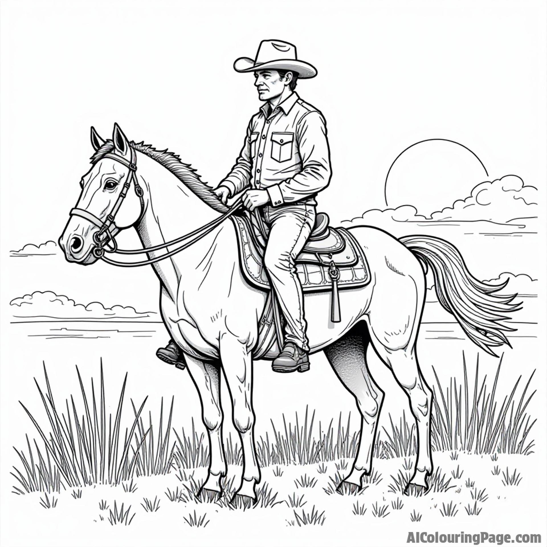 A cowboy riding a horse, with a sunset backdrop and tall grasses, representing Oklahoma in a black and white coloring page.