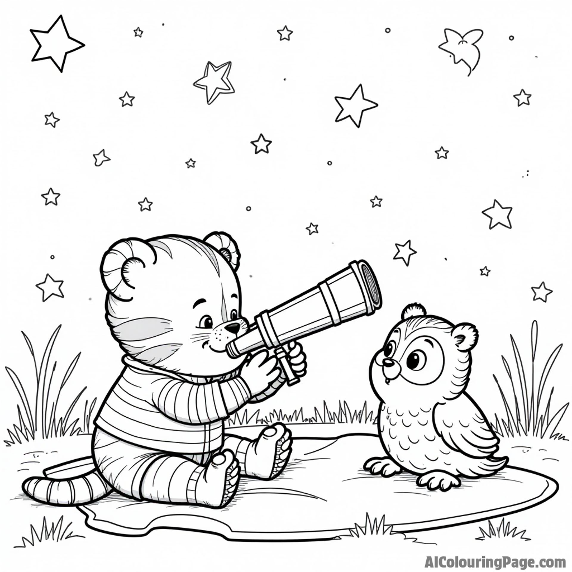 Daniel Tiger and O the Owl stargazing with a telescope, lying on a blanket while counting stars in the night sky.
