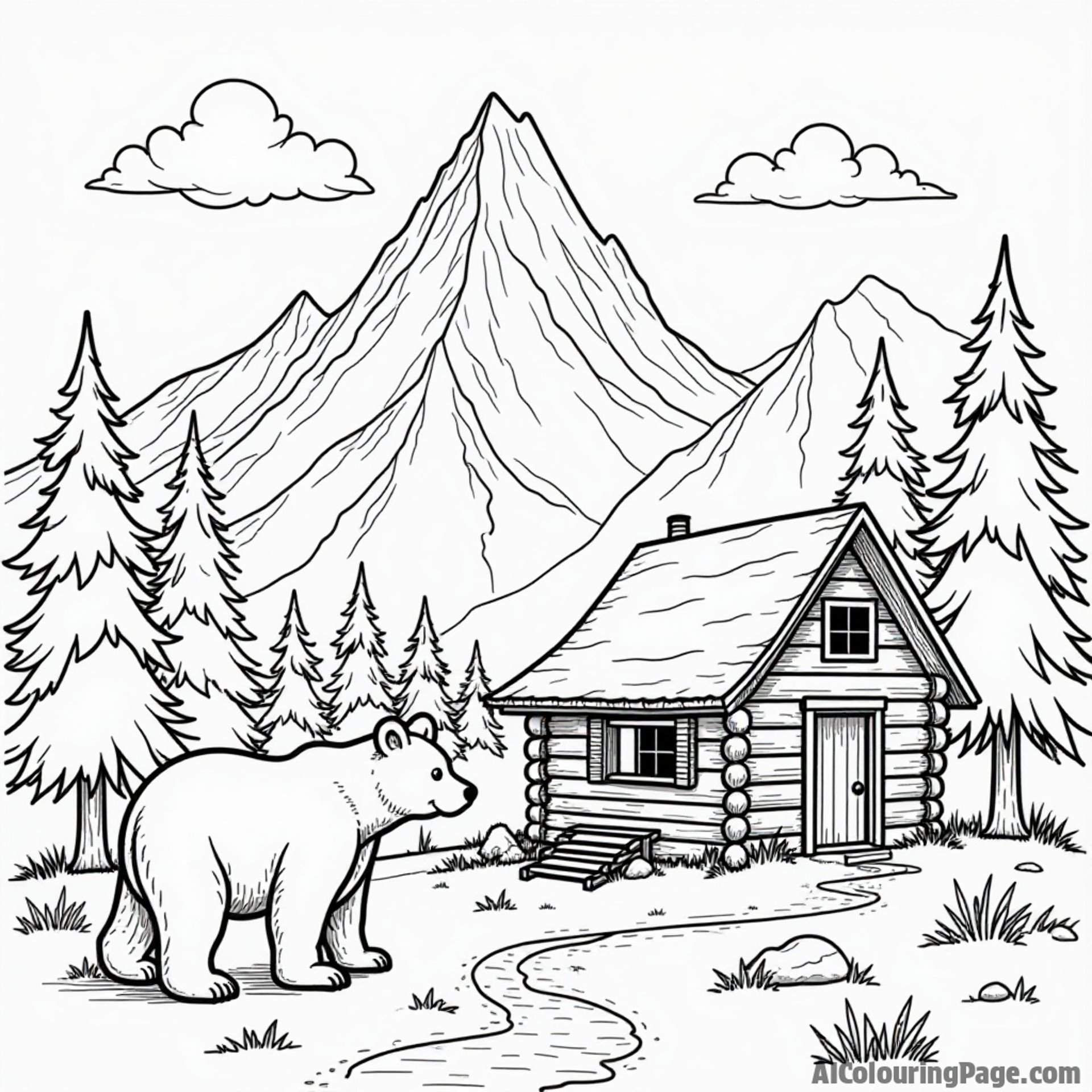 A majestic mountain range with a cozy log cabin and a friendly bear, perfect for kids to color and explore.