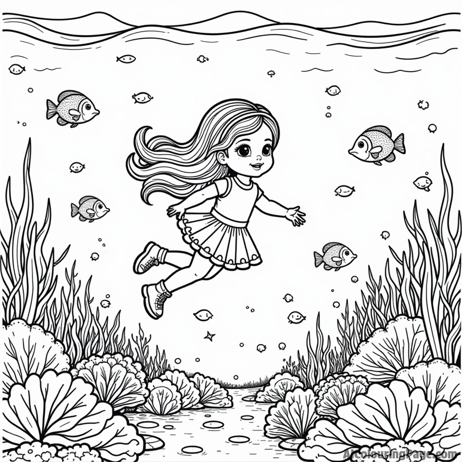 A doll exploring an underwater world, swimming with colorful fish and sea creatures near a coral reef full of details.
