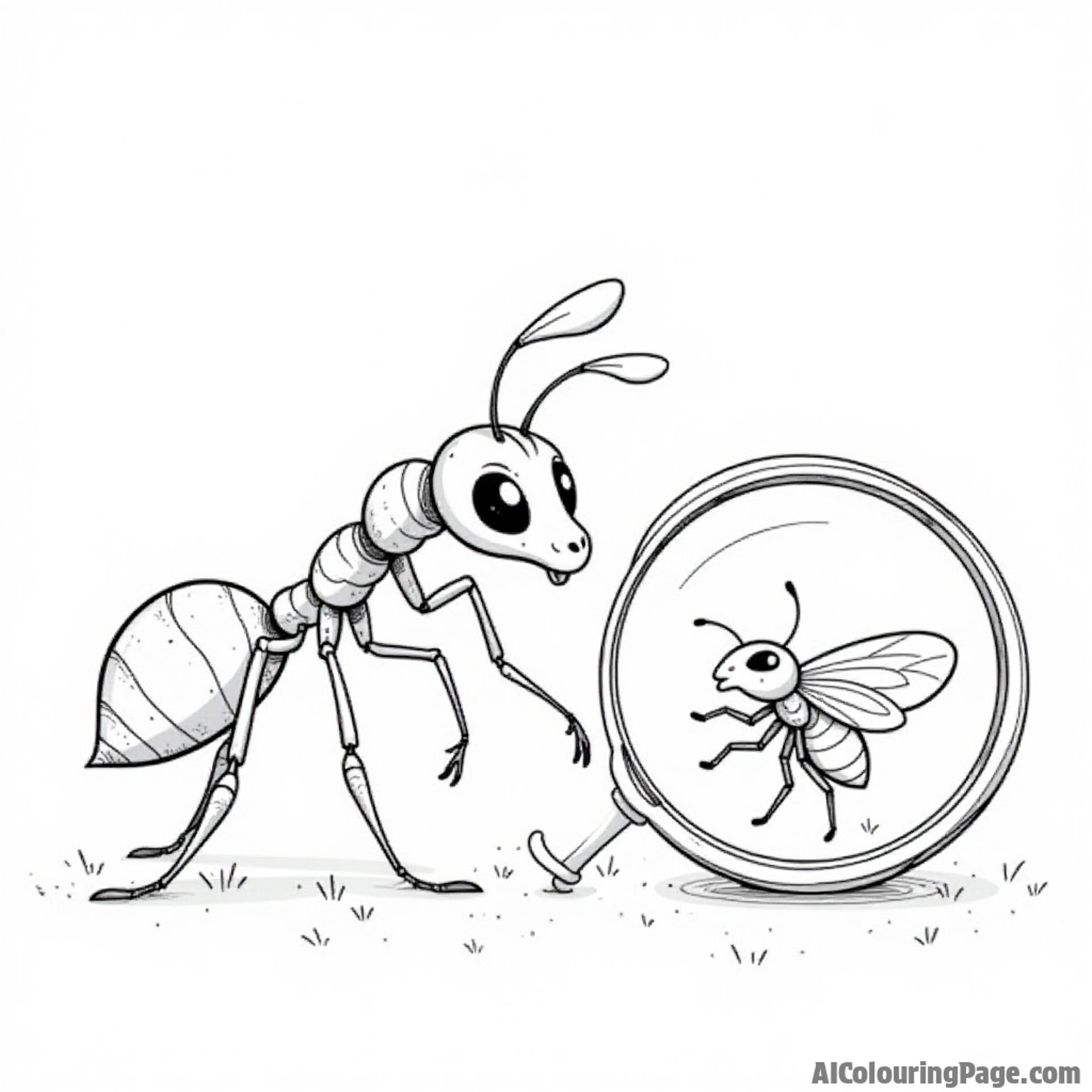 A curious ant peering into a magnifying glass at a tiny bug, promoting exploration and creativity in coloring.