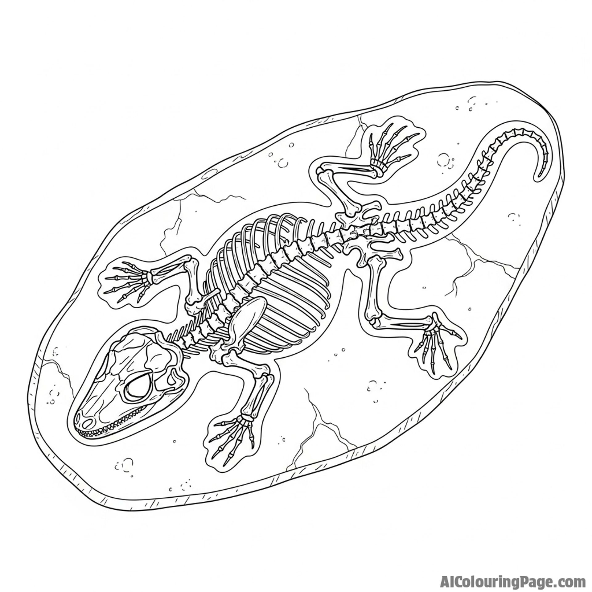 A fossilized lizard skeleton embedded in a slab of stone.