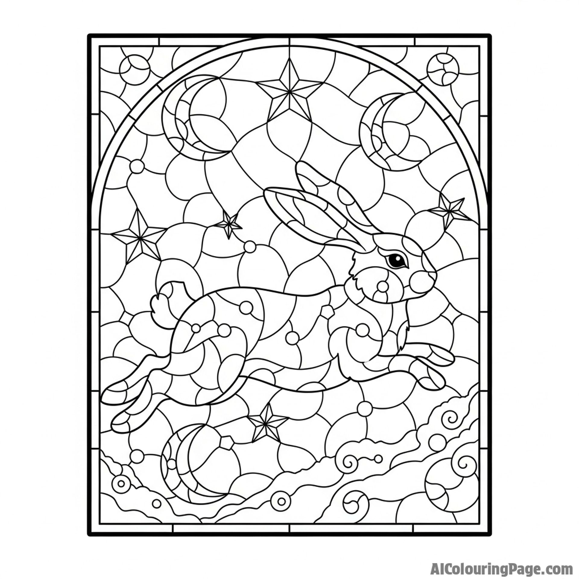 A stained-glass window design featuring a celestial rabbit.