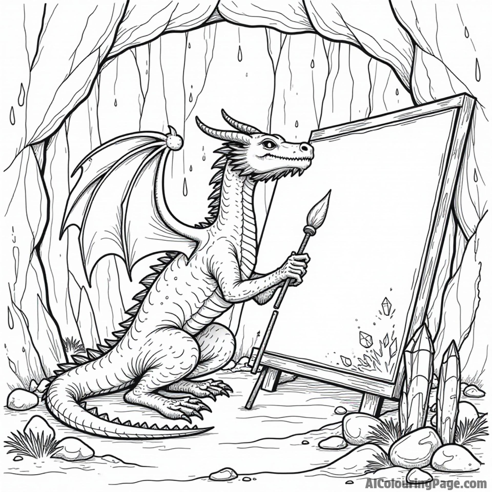 A dragon painting a mural on a cave wall surrounded by glowing crystals and ancient runes.