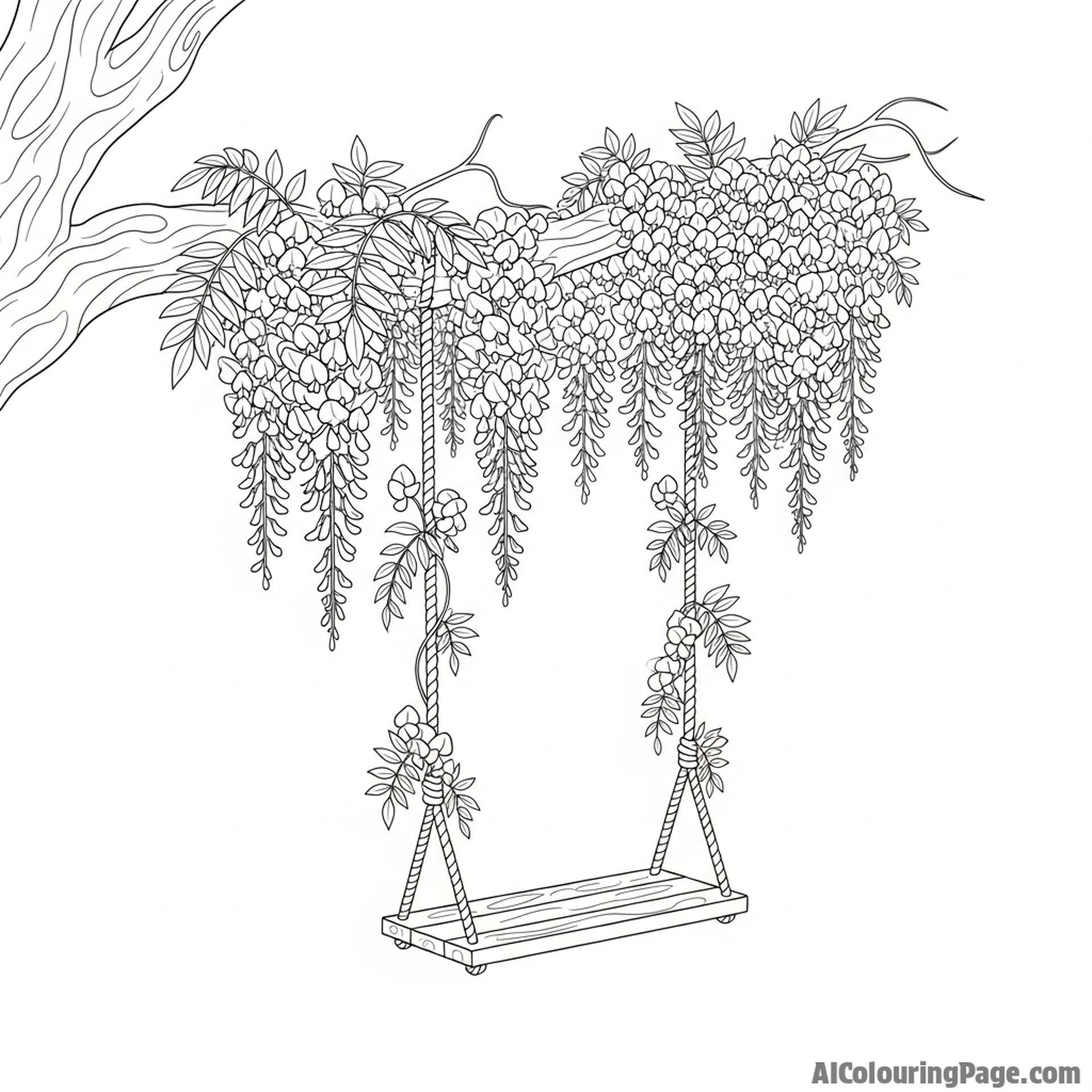 A swing hanging from a tree branch laden with wisteria.