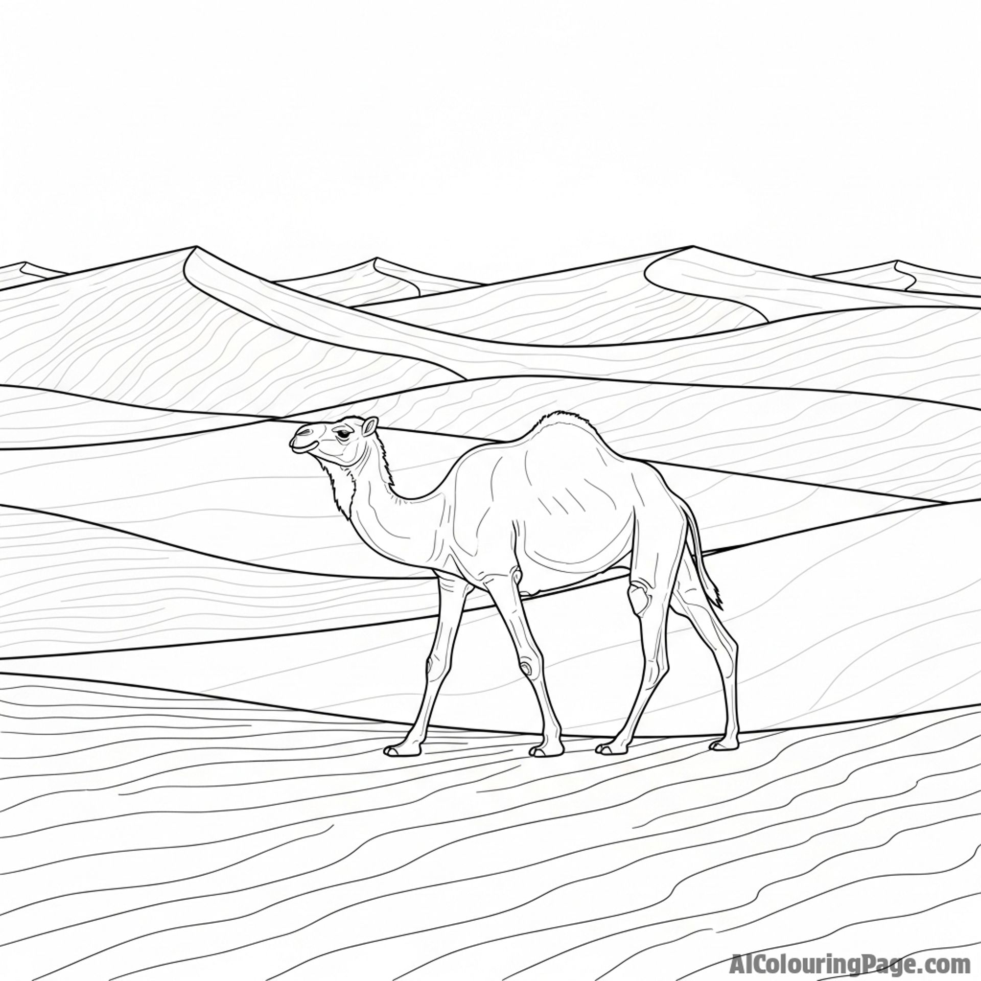 A lone camel trekking across vast, windswept sand dunes