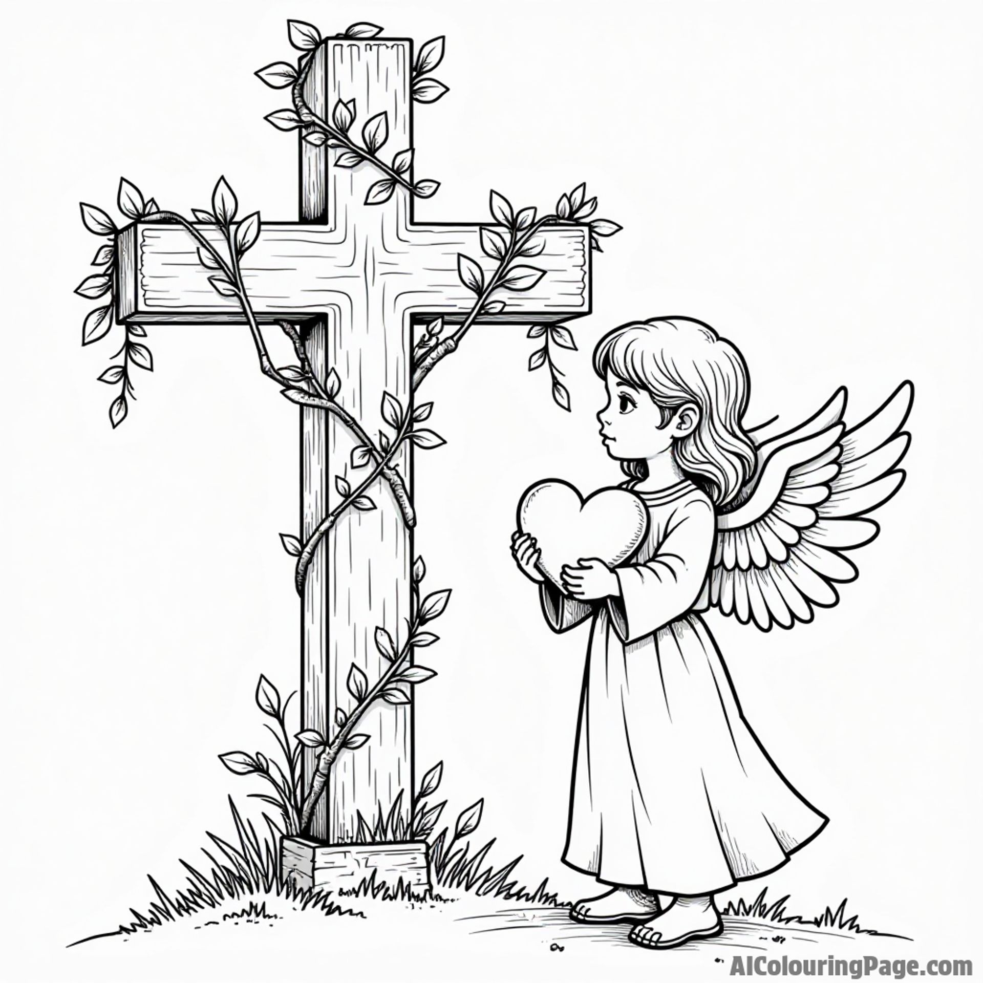A large cross adorned with vines, next to an angel holding a heart, both representing love and protection for kids.