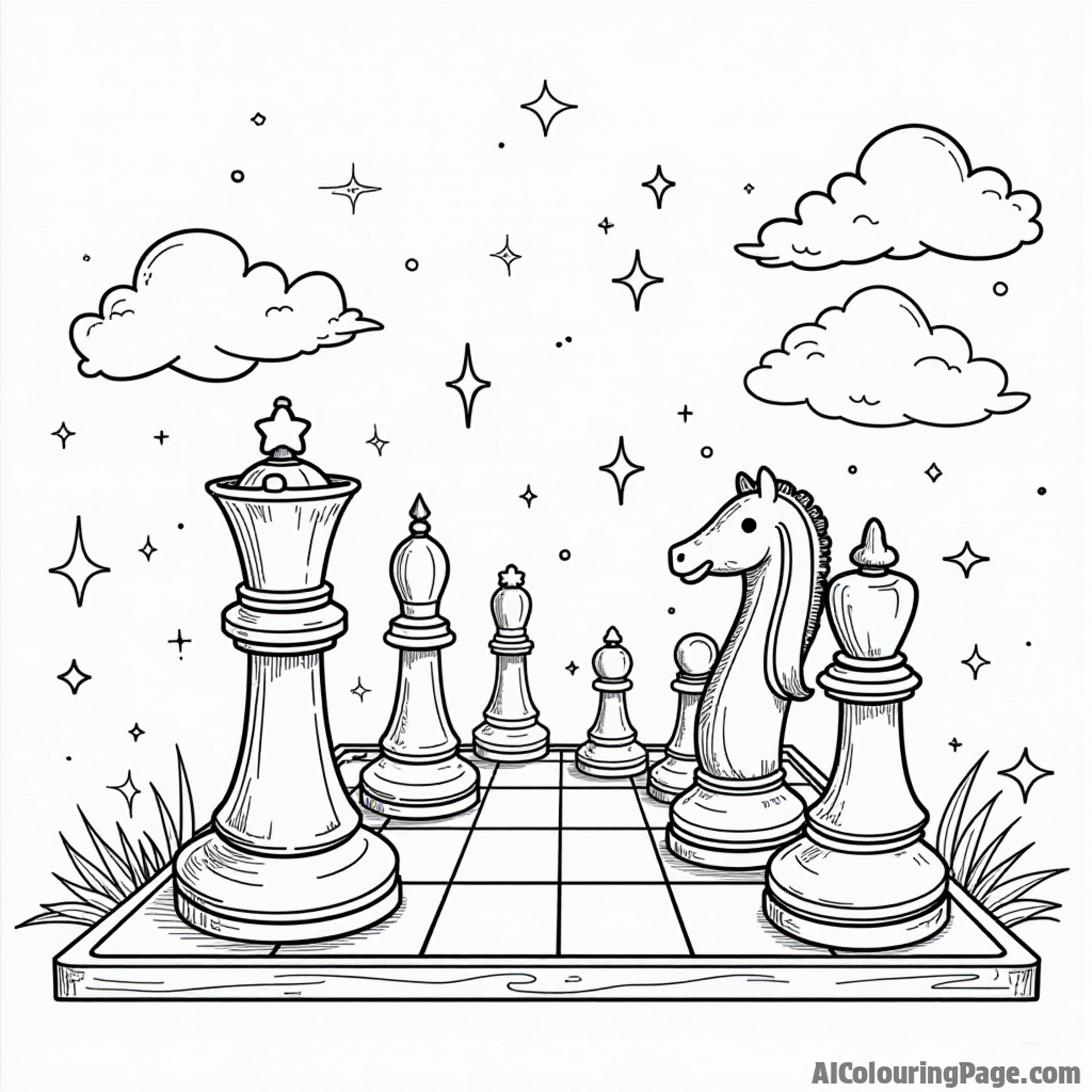 A whimsical chessboard with oversized pieces, featuring a playful knight and a curious pawn, surrounded by stars and clouds, inviting children to color their own chess adventure in black and white.