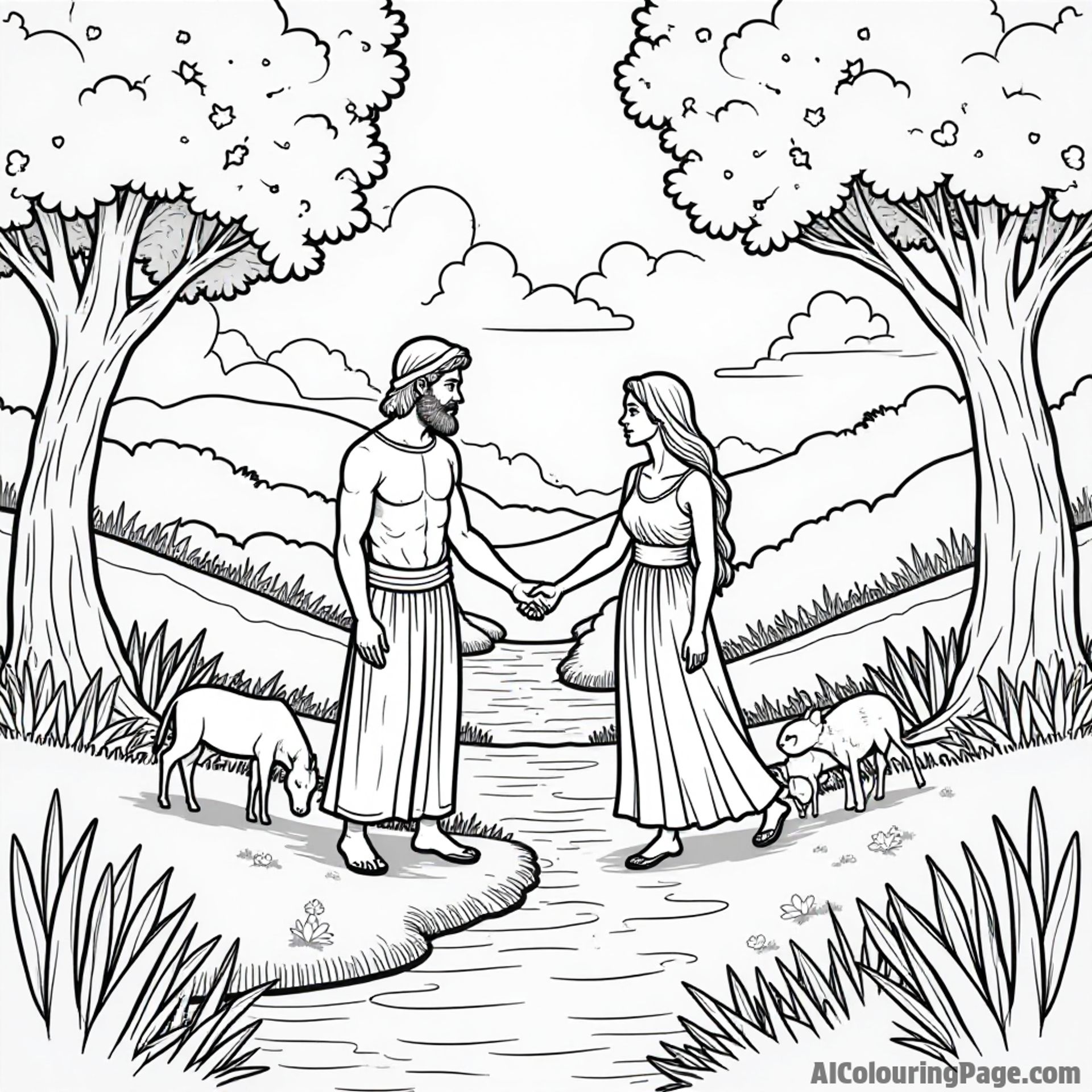 A serene garden with Adam and Eve surrounded by animals, trees, and a gentle river flowing in the background.