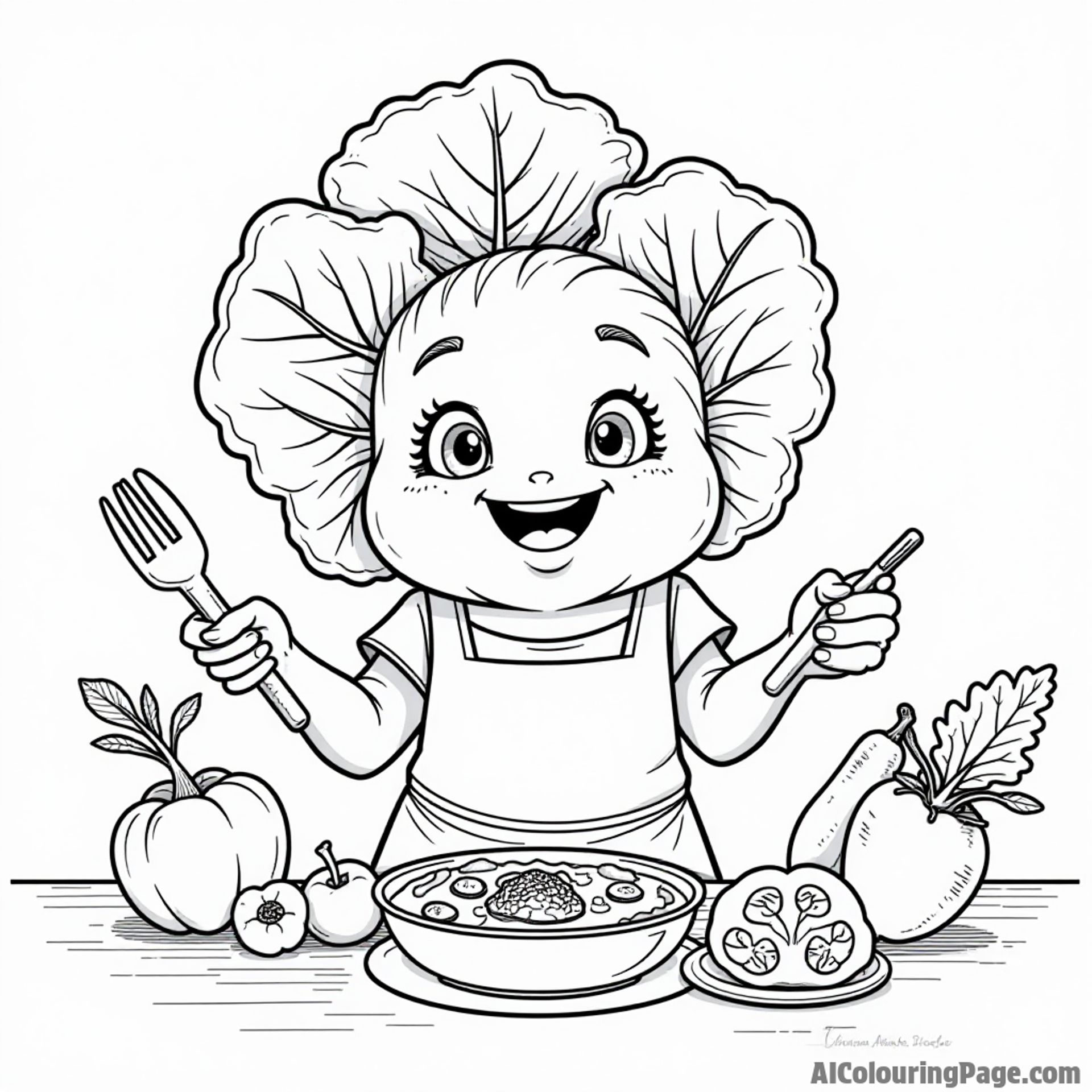 A friendly cabbage hosting a cooking show with vegetables as guests sharing recipes and ideas.