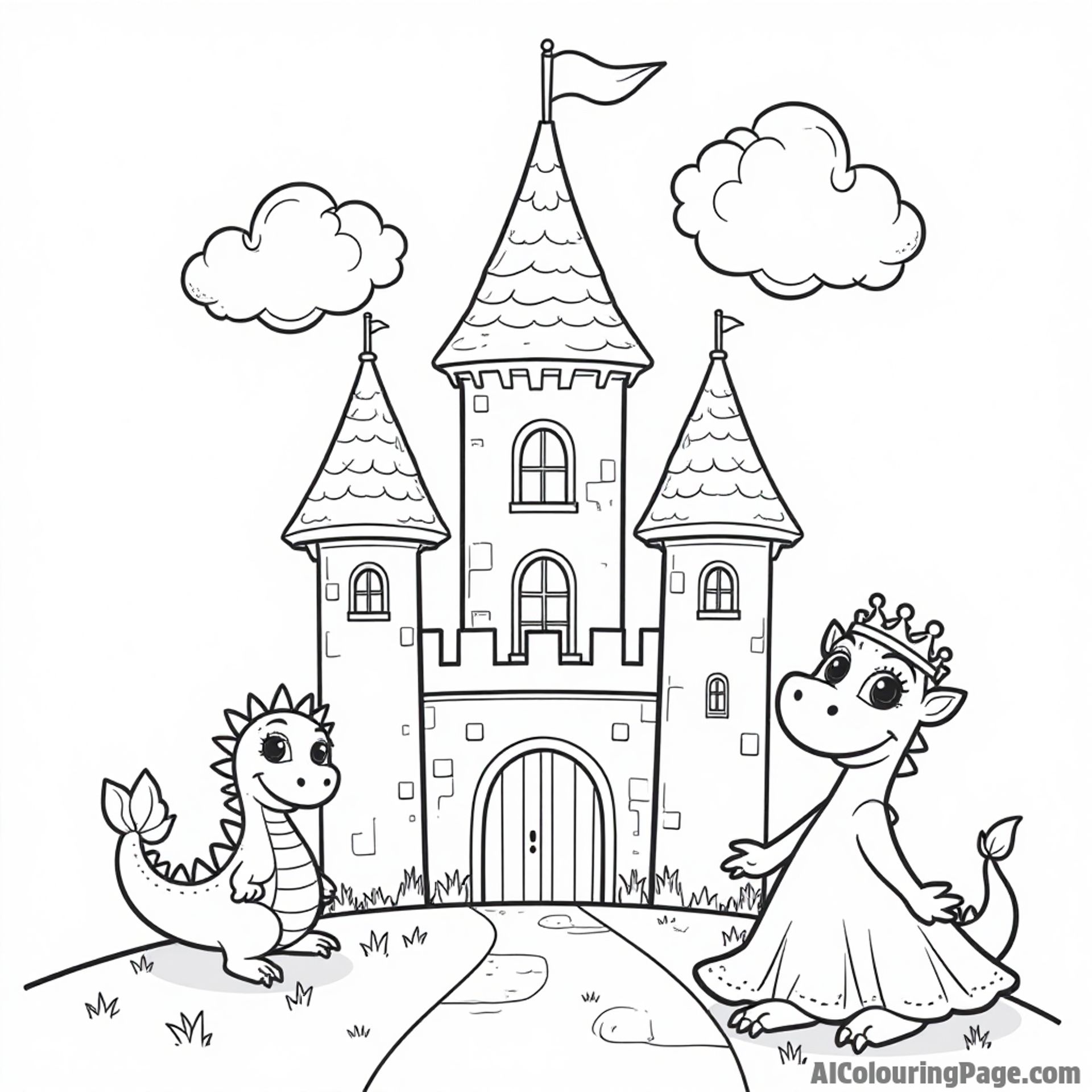 A whimsical castle scene with a friendly princess character, a playful dragon, and cheerful clouds floating above.
