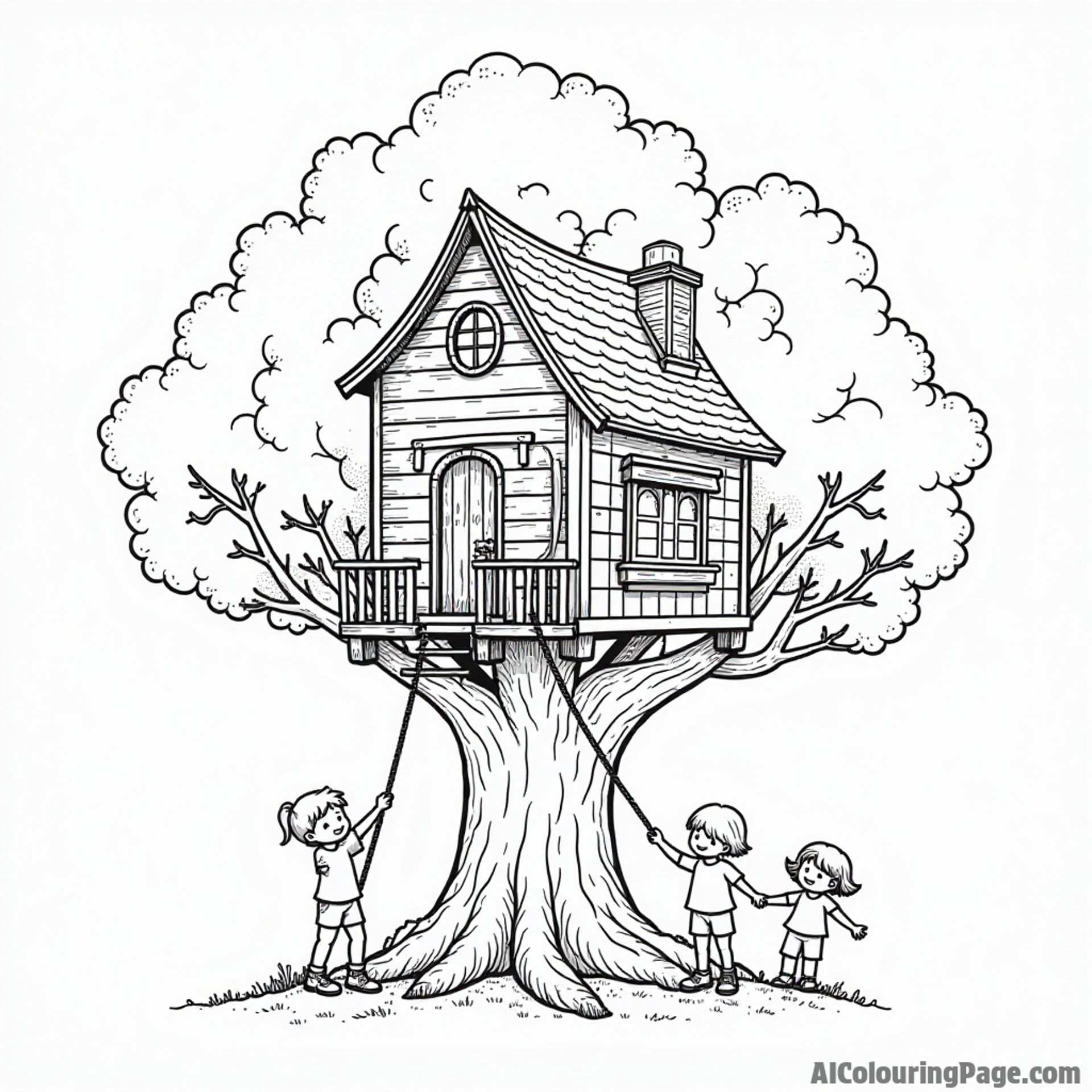 A whimsical treehouse nestled in the branches of a big tree, with a rope ladder and kids playing around it happily.