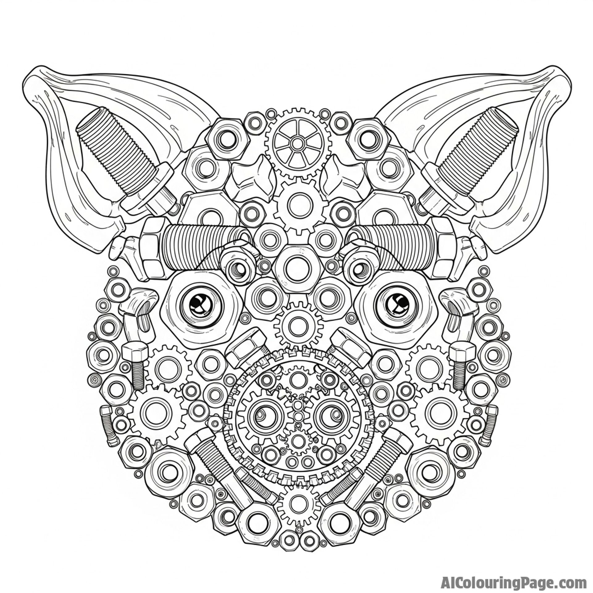 A pig's face made from an assemblage of nuts, bolts, and gears.