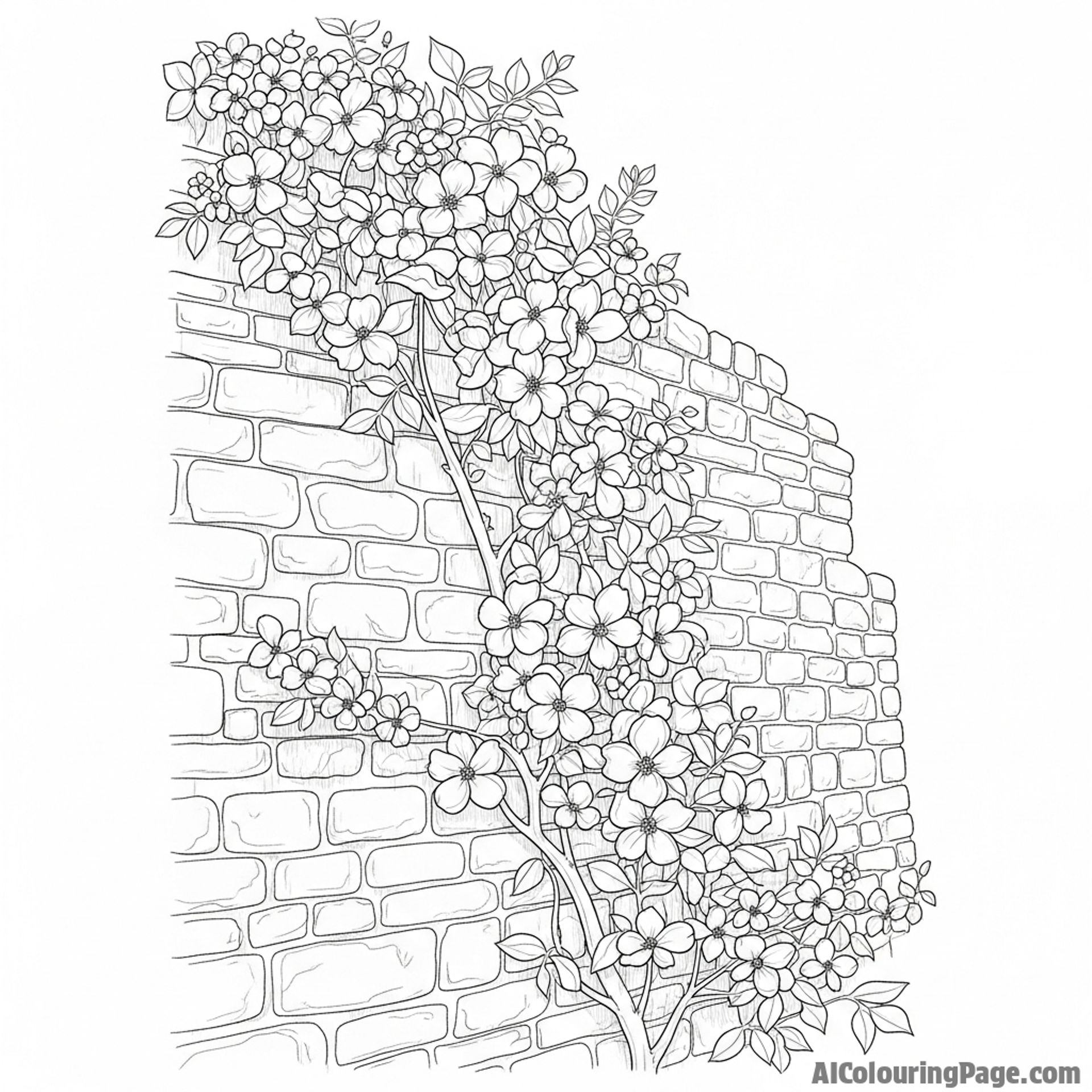 Flowering vine climbing an old stone wall, historical setting.