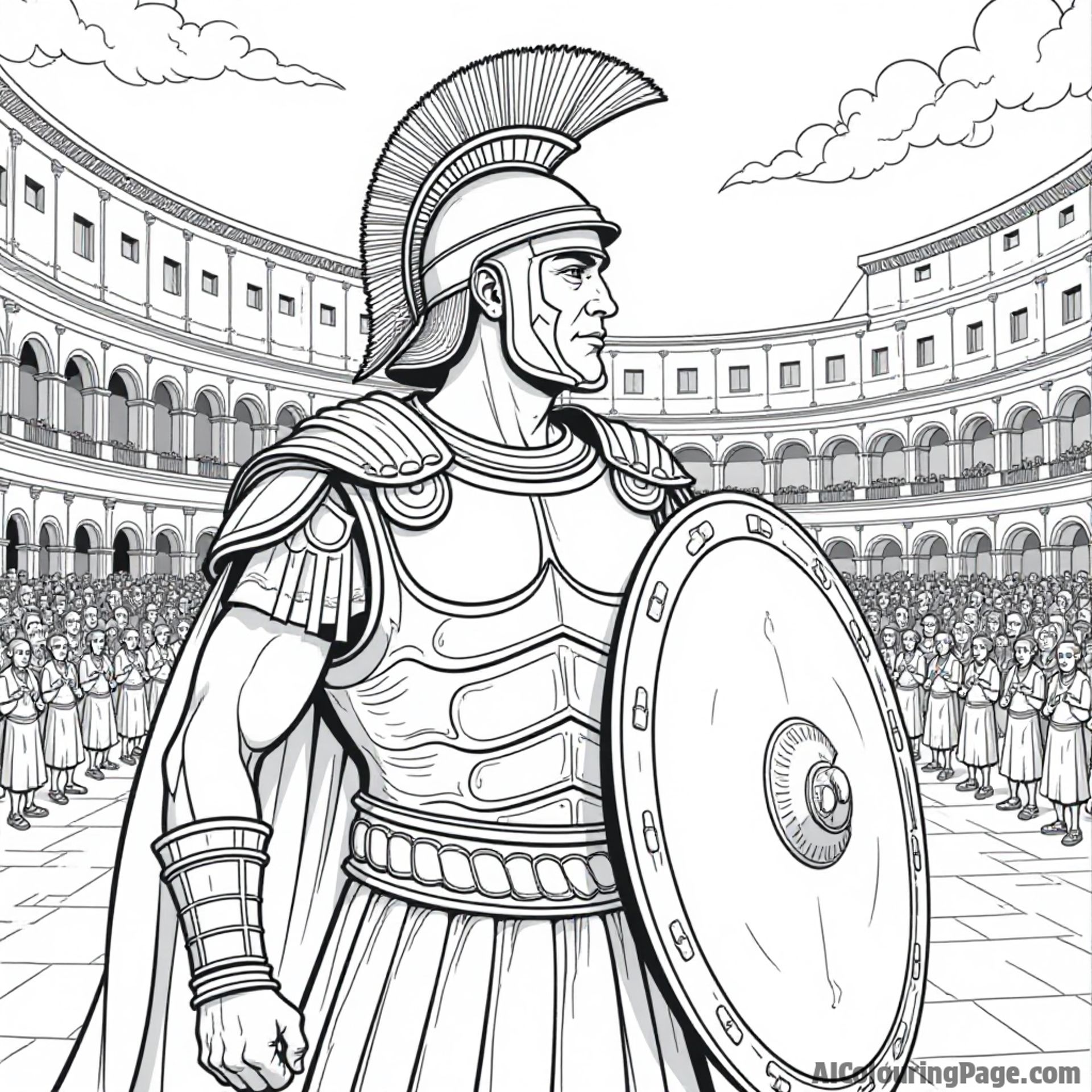 A Roman gladiator in armor, ready for battle, with a Colosseum backdrop and a cheering crowd, showcasing strength and bravery in a historical scene for kids to color.
