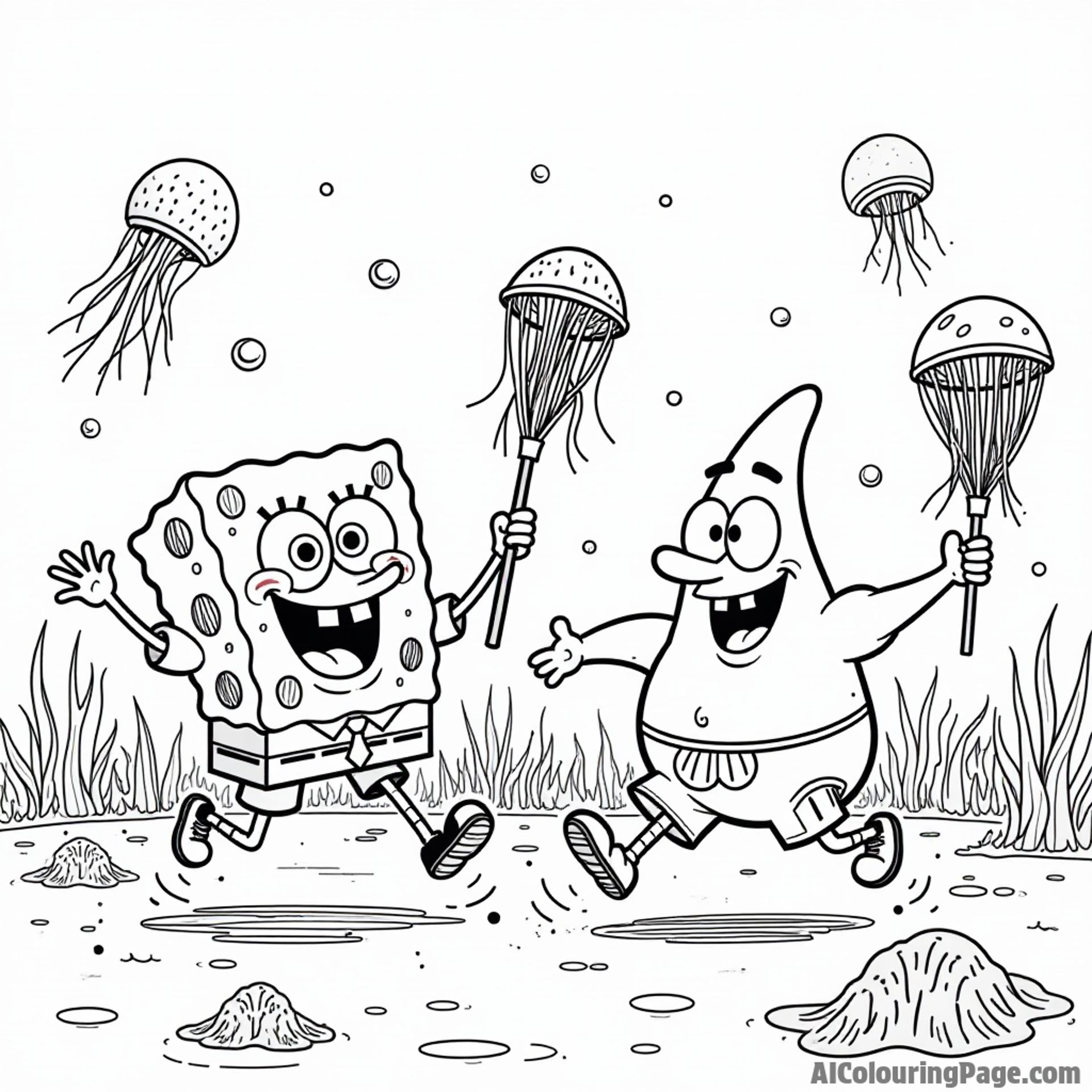 SpongeBob and Patrick going jellyfishing with nets, excitedly running through Jellyfish Fields filled with dancing jellyfish