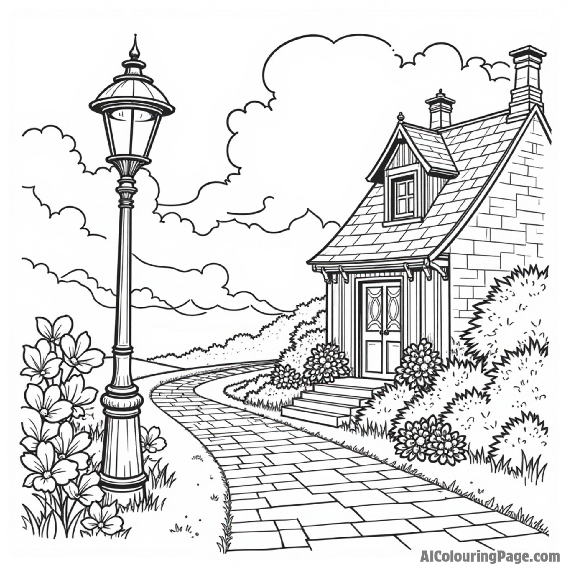 A charming old-fashioned street lamp illuminating a cobblestone path, with a quaint cottage and blooming flowers nearby for warmth.