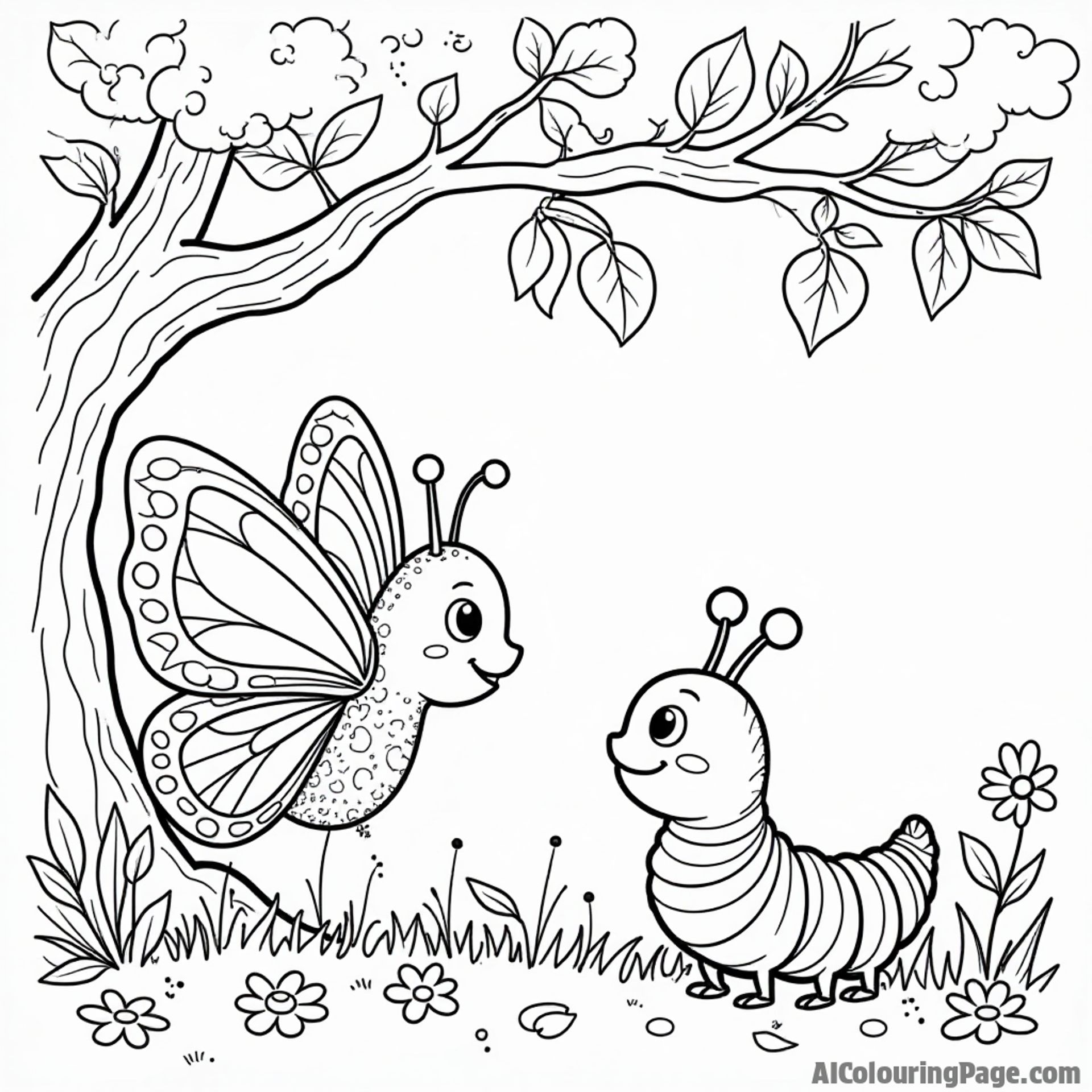 A butterfly and a caterpillar sharing a story under a tree, with leaves and flowers inviting kids to color.