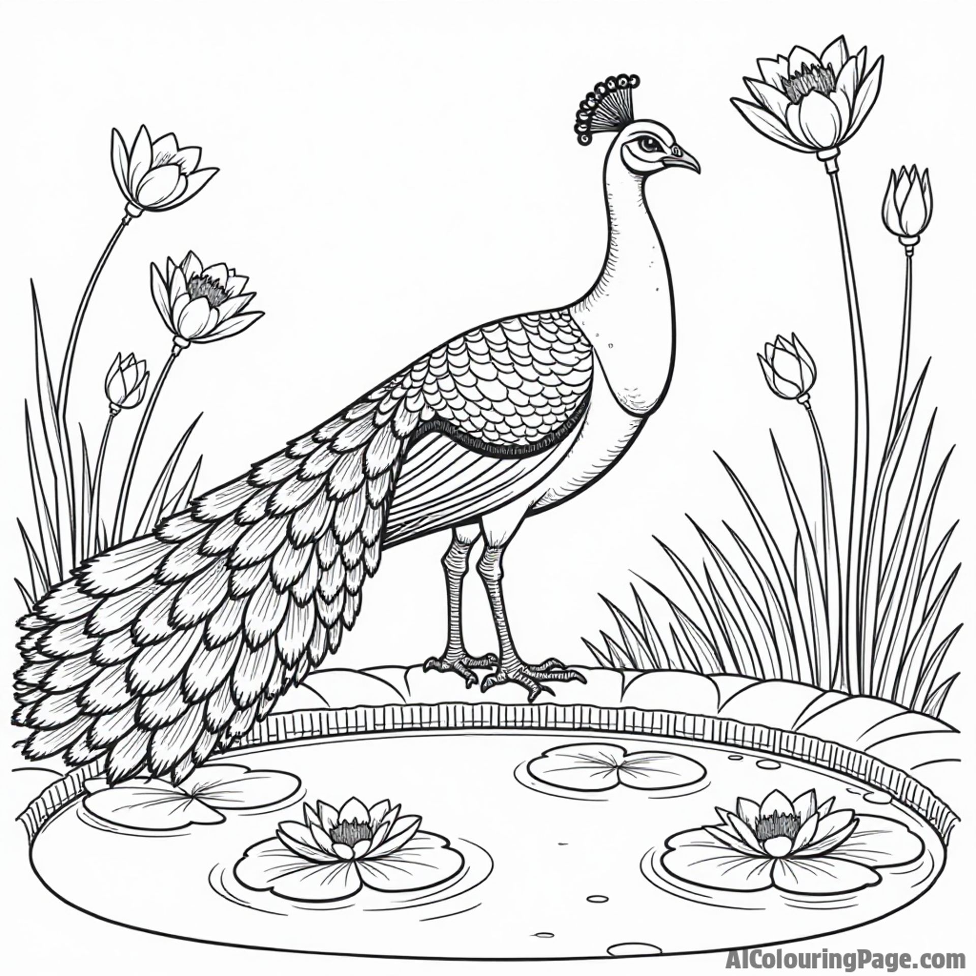 A peacock strutting proudly beside a pond filled with lily pads and goldfish swimming underneath the water