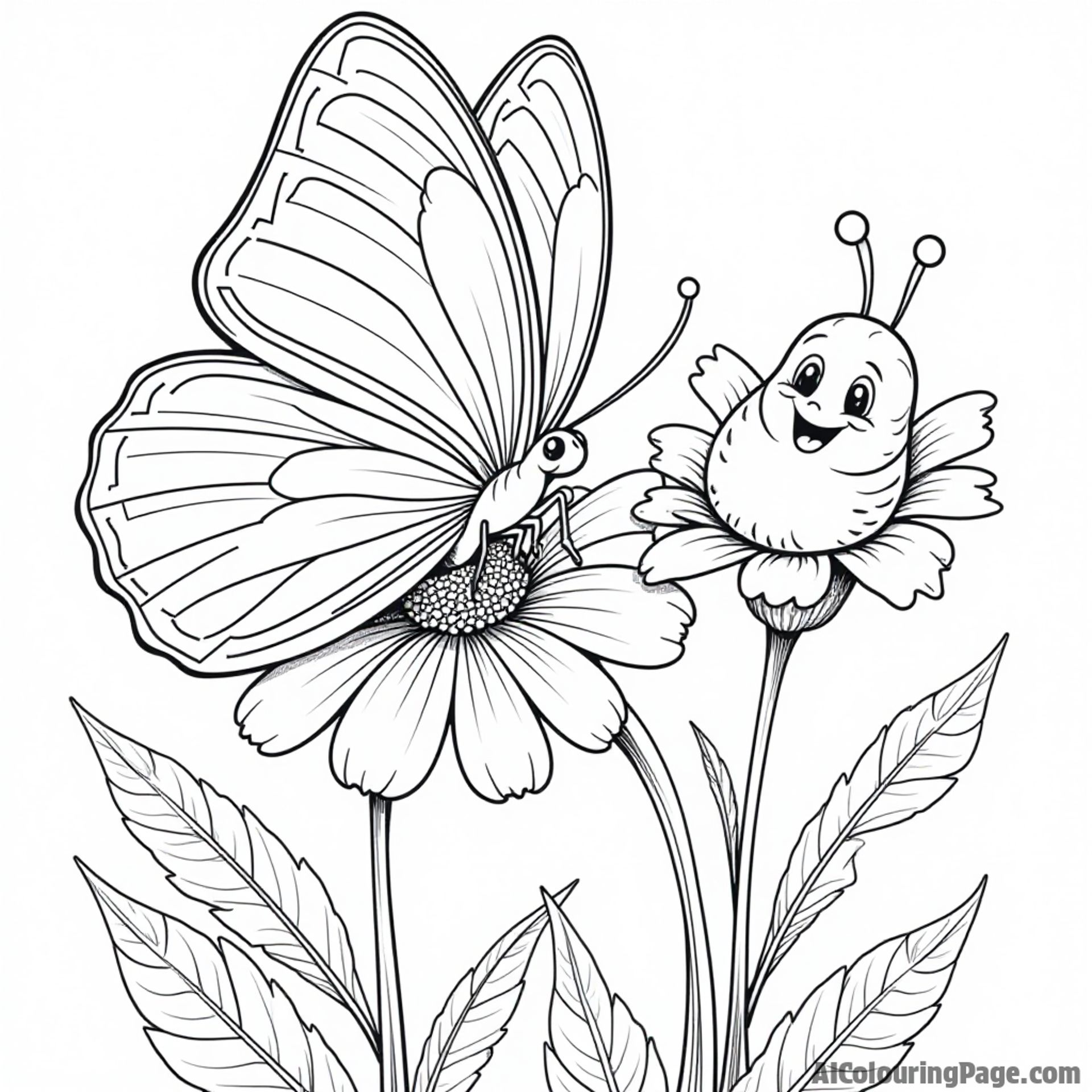 A graceful butterfly resting on a vibrant flower with a smiling caterpillar nearby, all outlined for coloring fun.