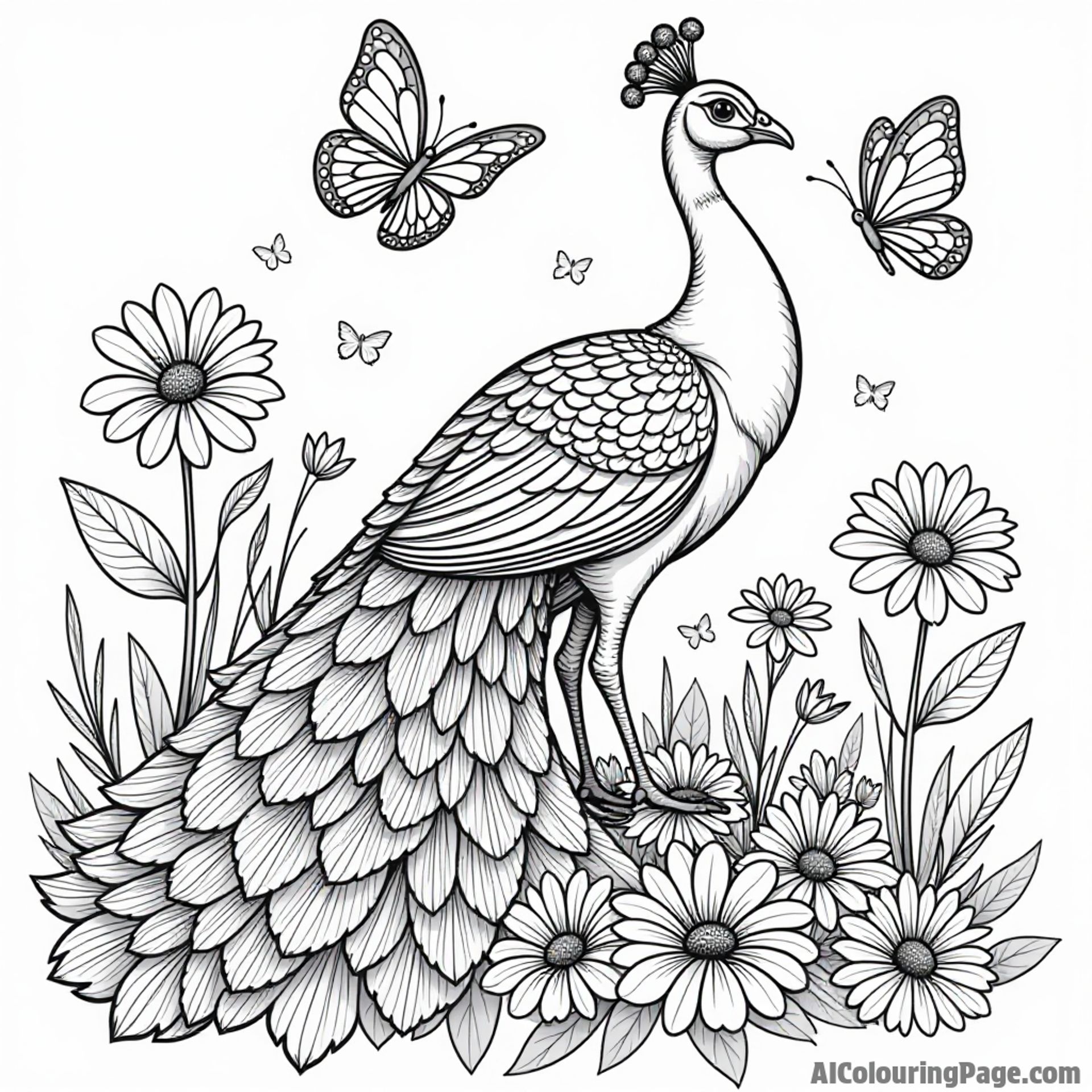A beautiful peacock displaying its colorful feathers in a garden, surrounded by flowers and butterflies fluttering around.