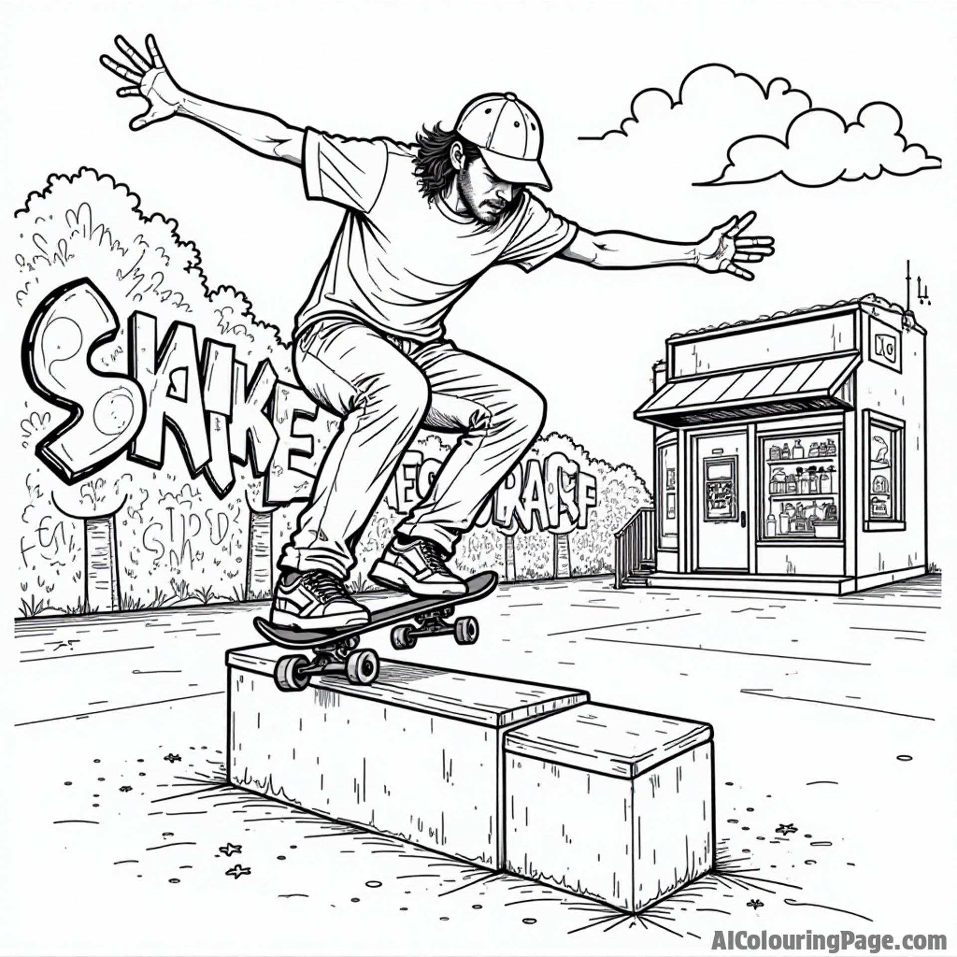 A skateboarder performing a grind on a rail, with a skateboard shop in the background and a colorful street art mural, designed as a fun black and white coloring page.
