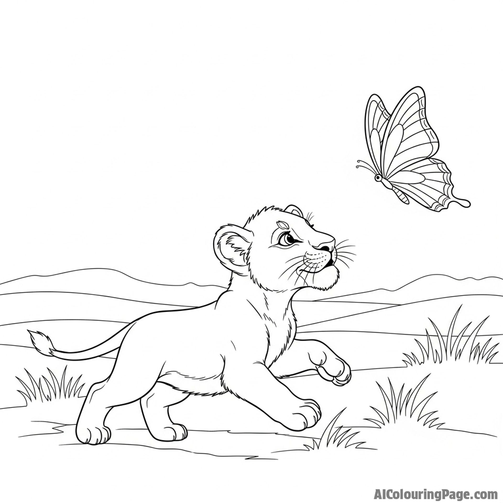 A lion cub curiously chasing a butterfly in a field.