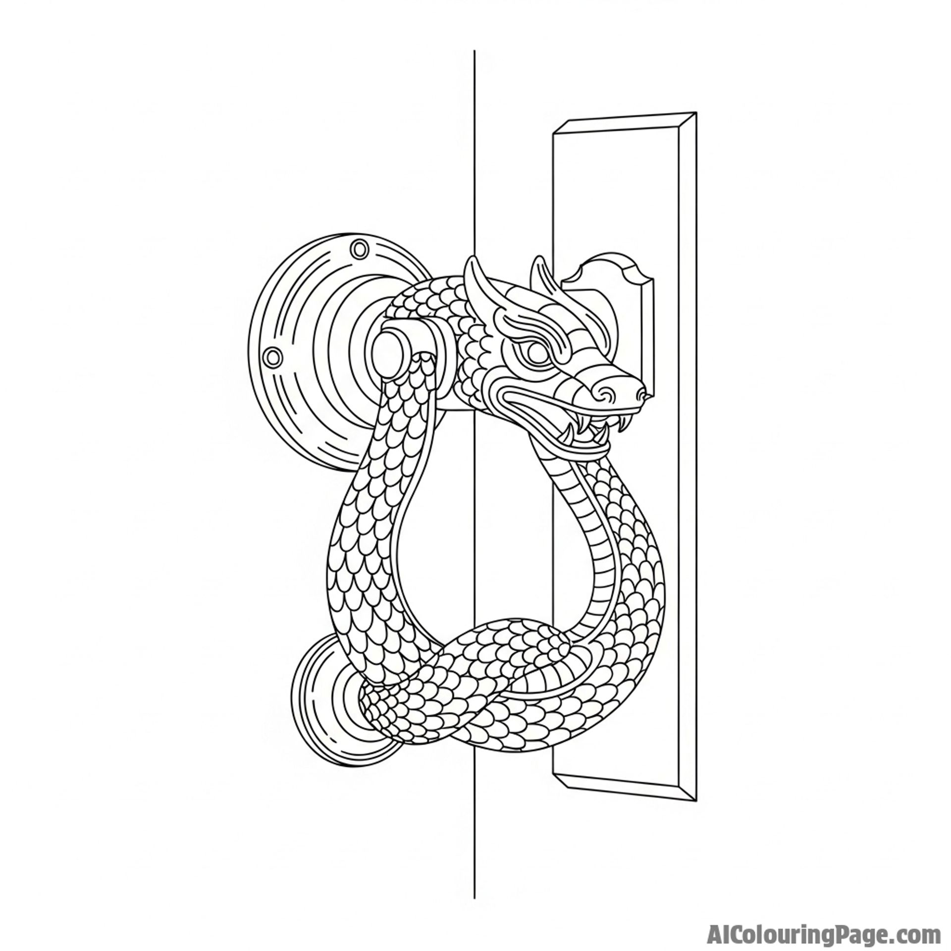 An ornate, heavy door knocker in the shape of a serpent, its tail striking the door.