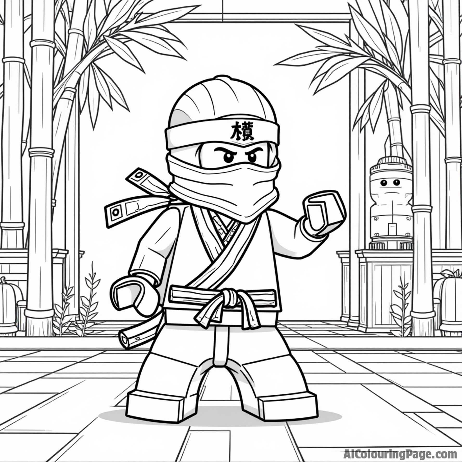 A Lego Ninjago ninja practicing martial arts in a dojo setting, with bamboo trees and a training dummy, surrounded by traditional Japanese decor, perfect for a black and white coloring page.