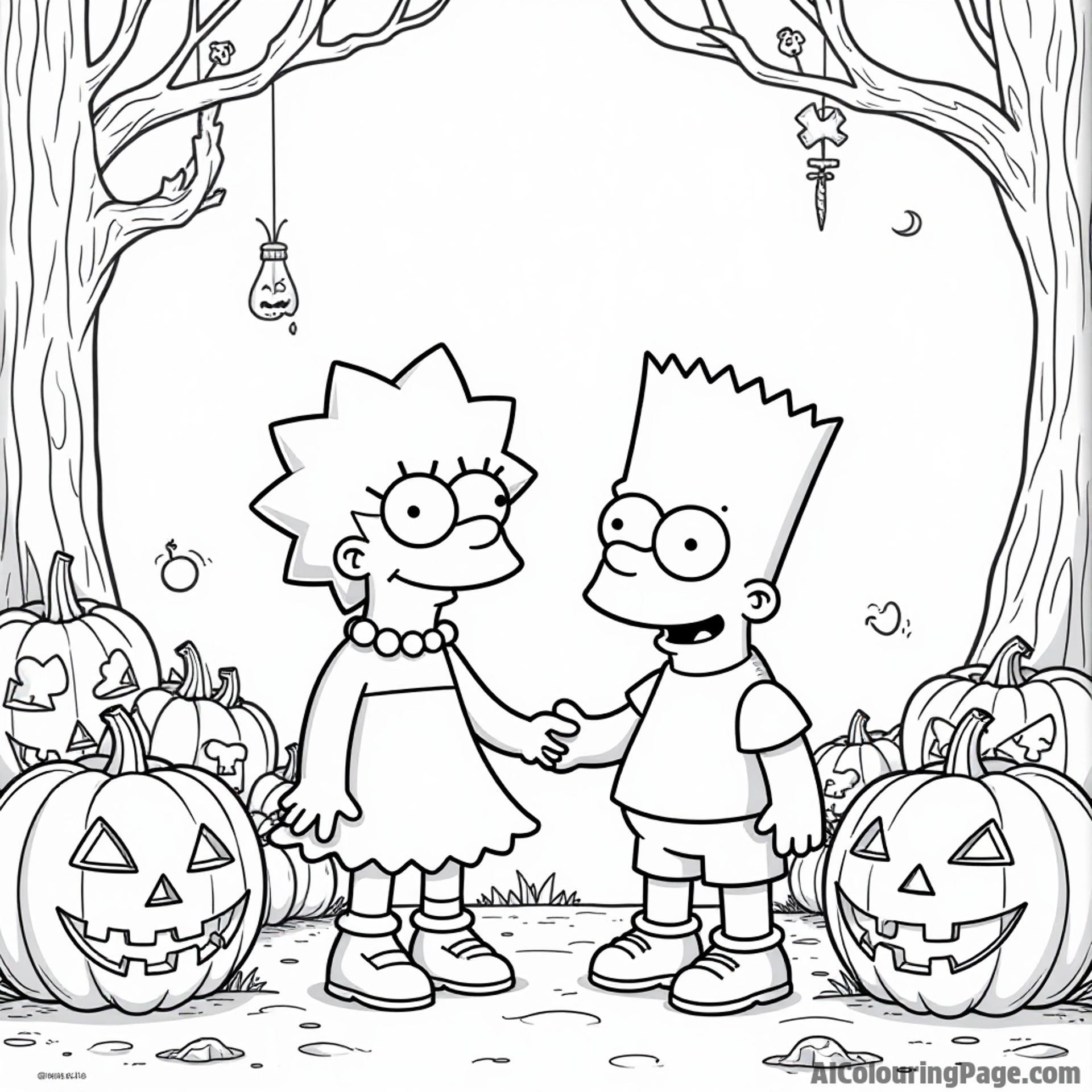 Lisa and Bart Simpson dressed up for Halloween, surrounded by jack-o'-lanterns and spooky decorations in a festive atmosphere.