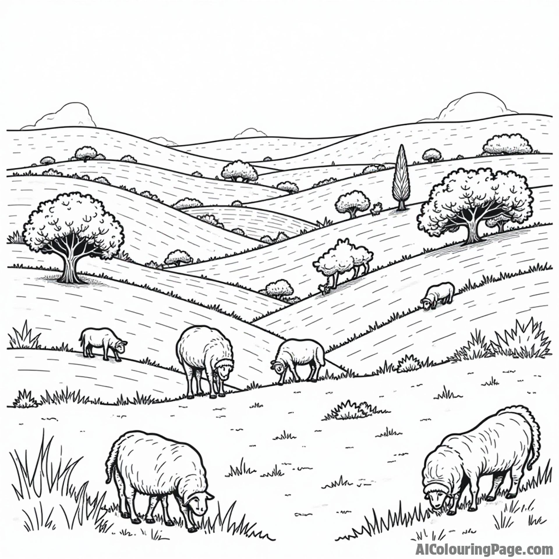 A Roman countryside landscape with rolling hills, olive trees, and grazing sheep, depicting the serene beauty of rural life in ancient Rome for kids to enjoy coloring.
