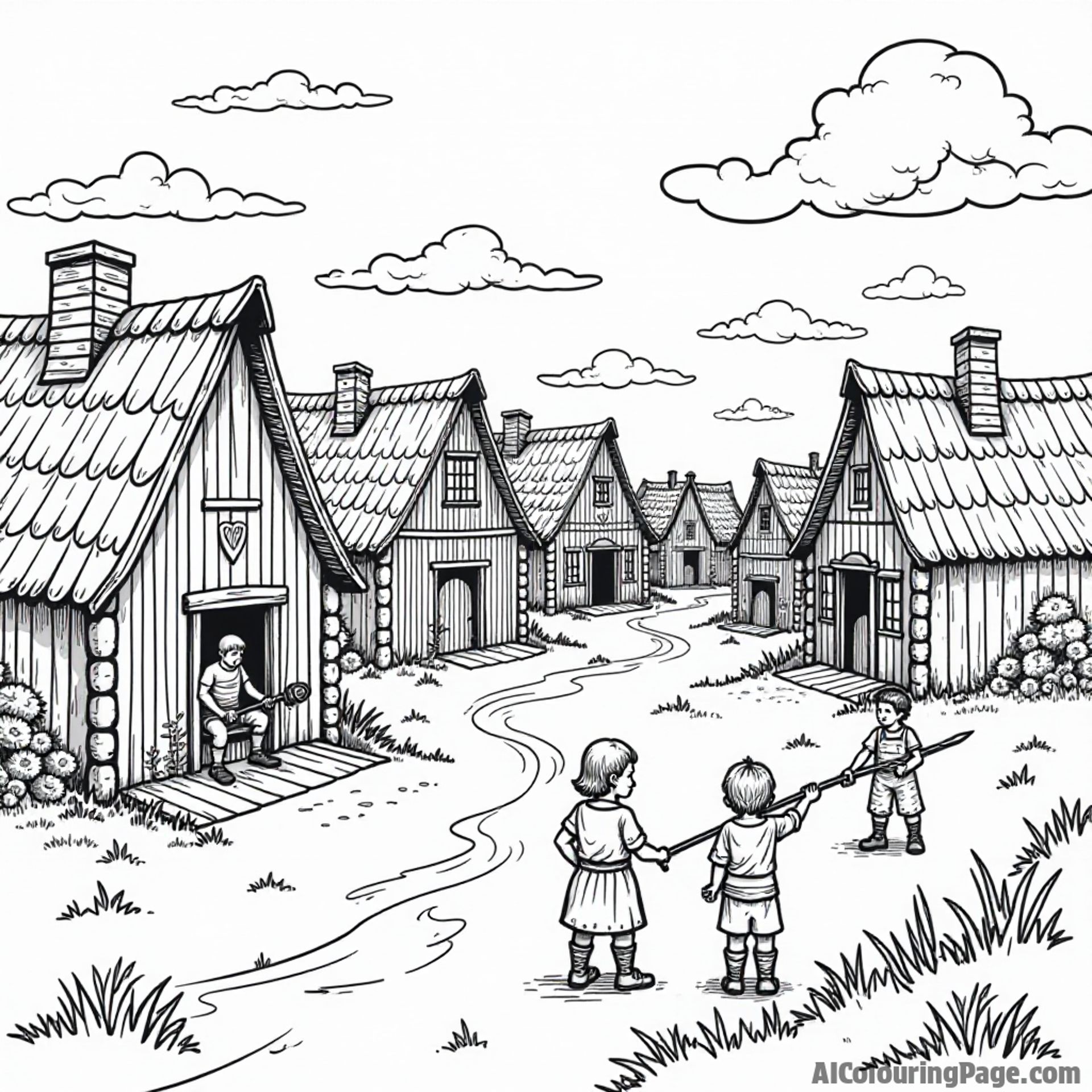 A Viking village scene with wooden longhouses, a blacksmith forging a sword, and children playing, depicting daily life in Viking times for an engaging coloring experience.